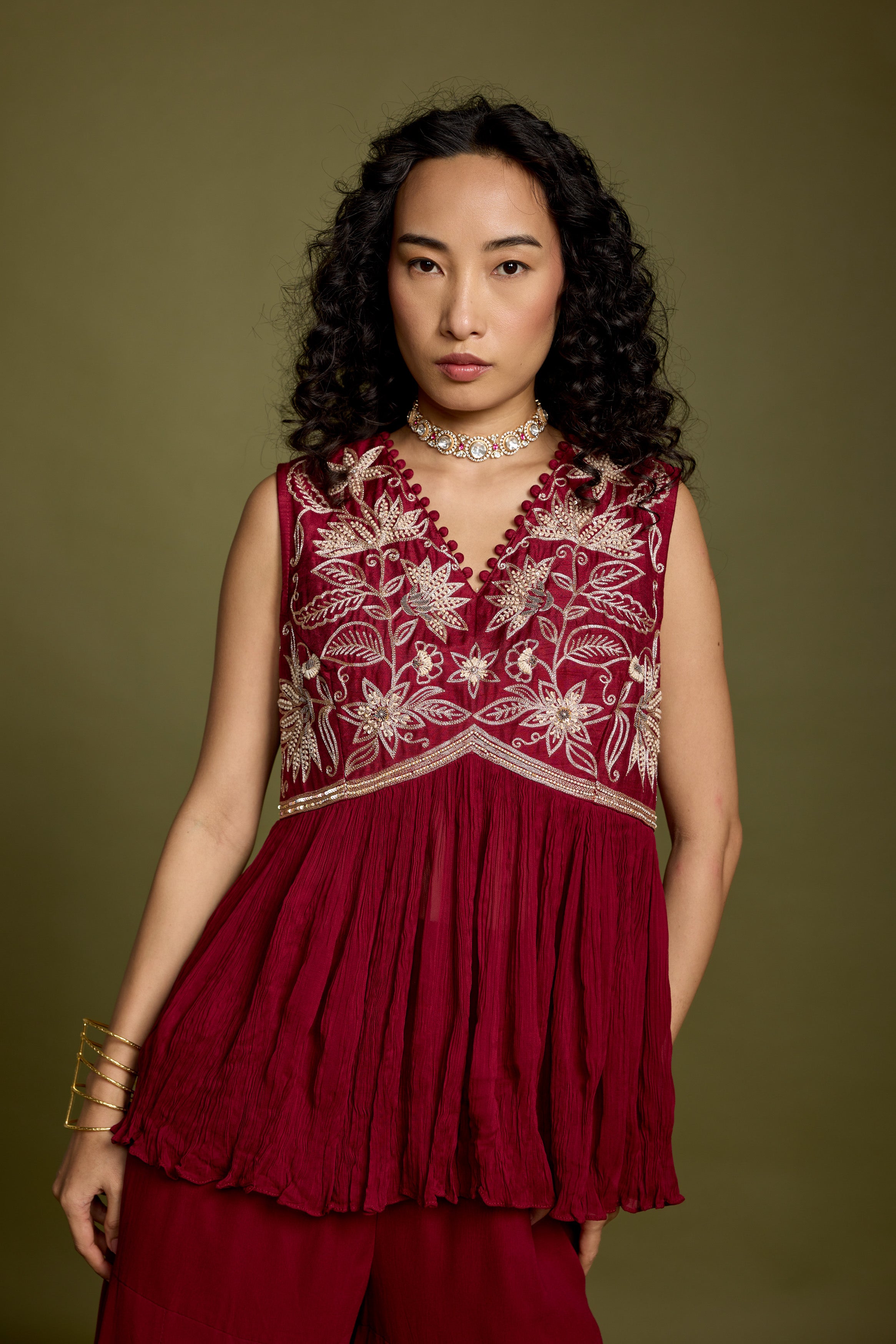 Maroon Red Embellished Georgette Silk Co-Ord Set
