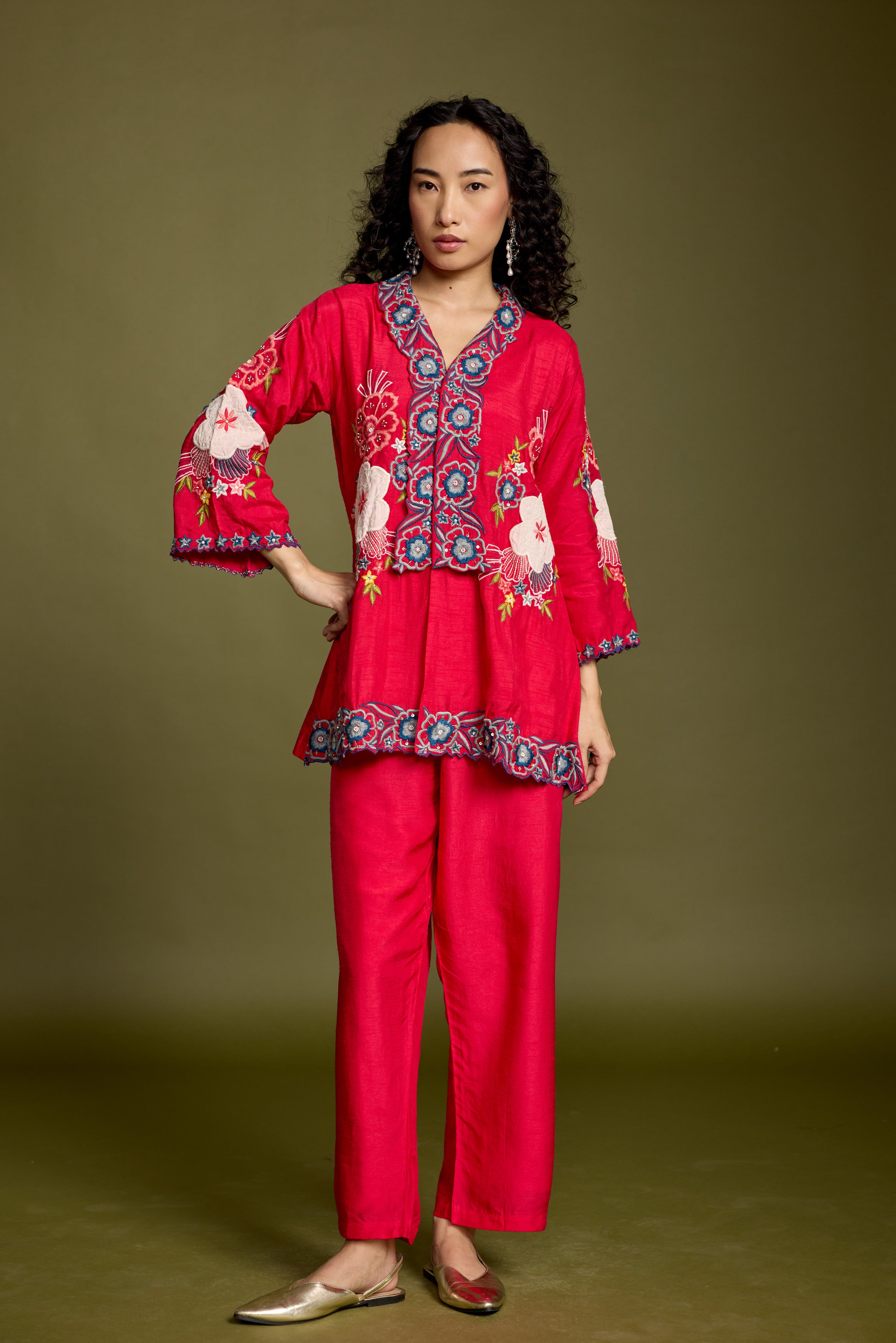 Deep Rose Embellished Raw Silk Co-Ord Set