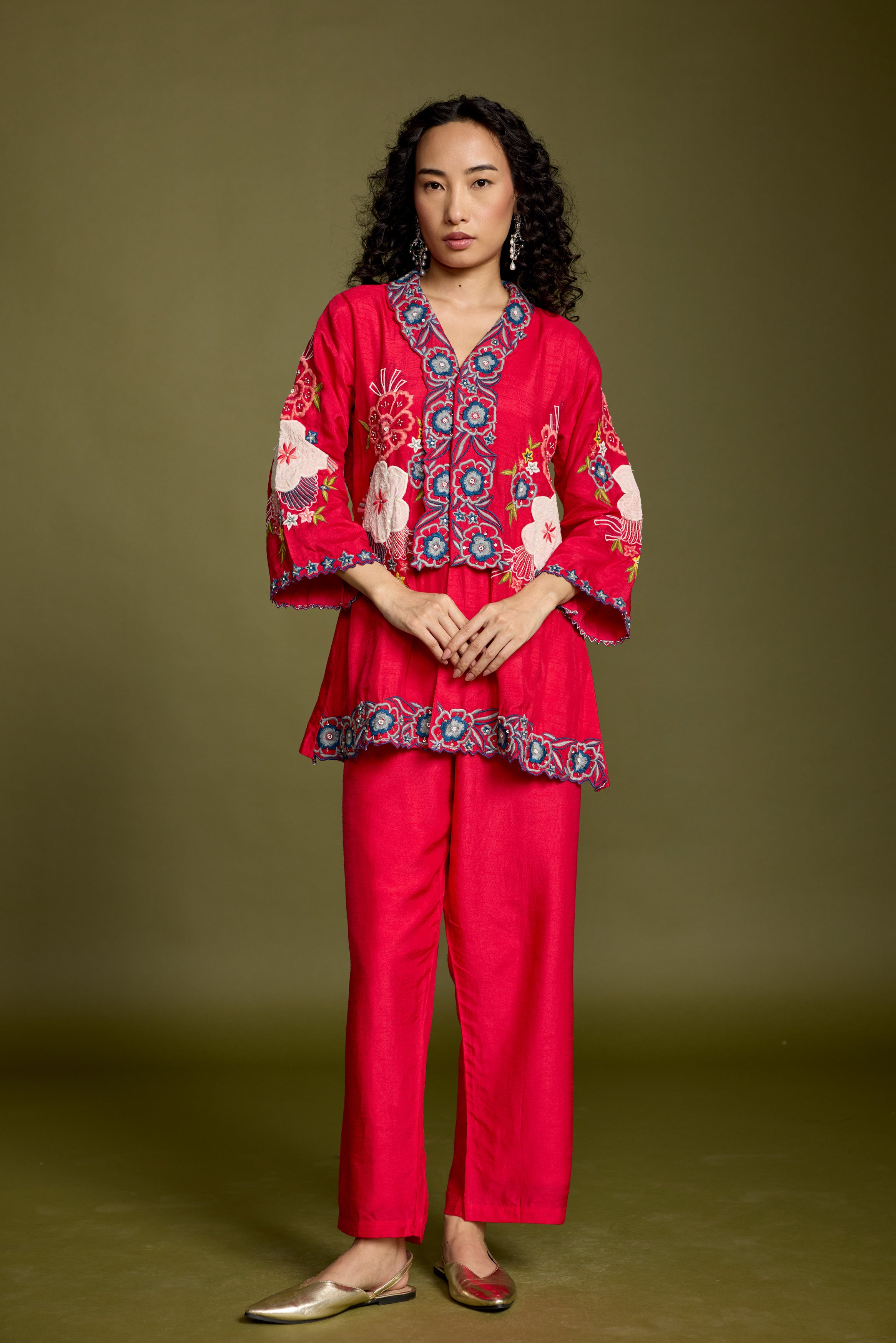 Deep Rose Embellished Raw Silk Co-Ord Set
