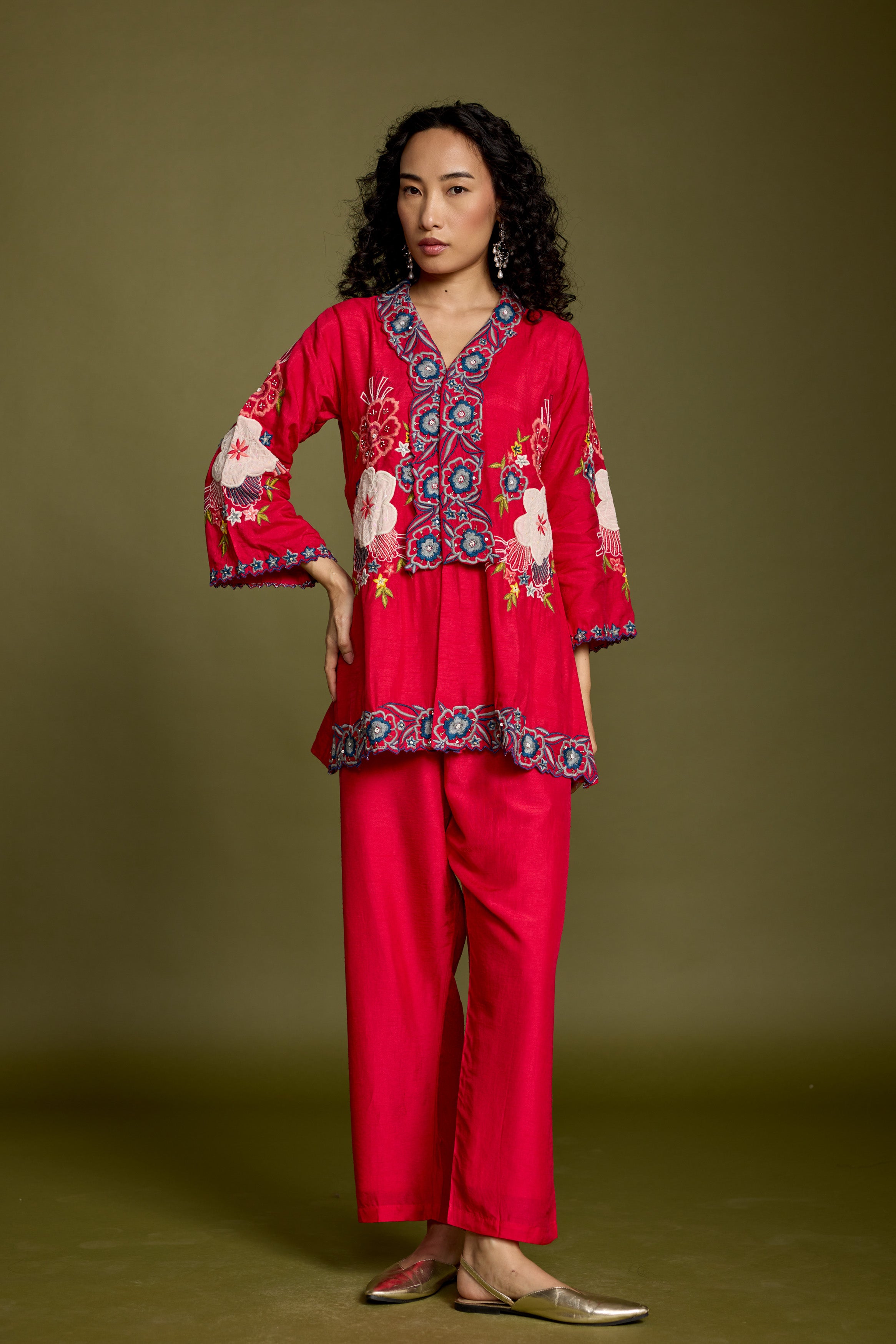 Deep Rose Embellished Raw Silk Co-Ord Set