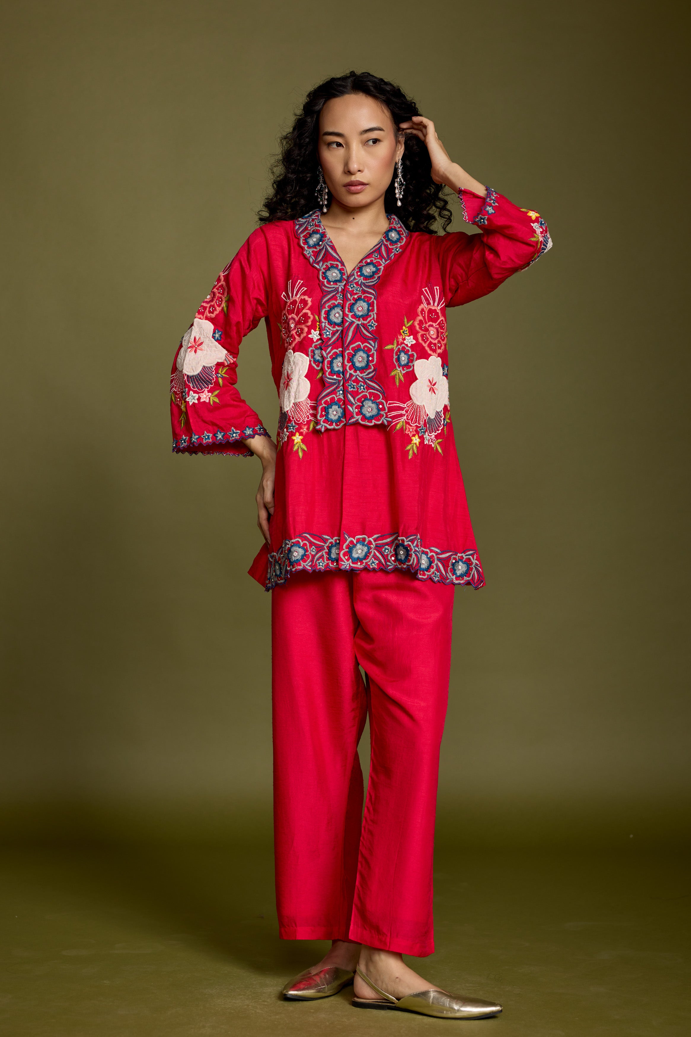 Deep Rose Embellished Raw Silk Co-Ord Set