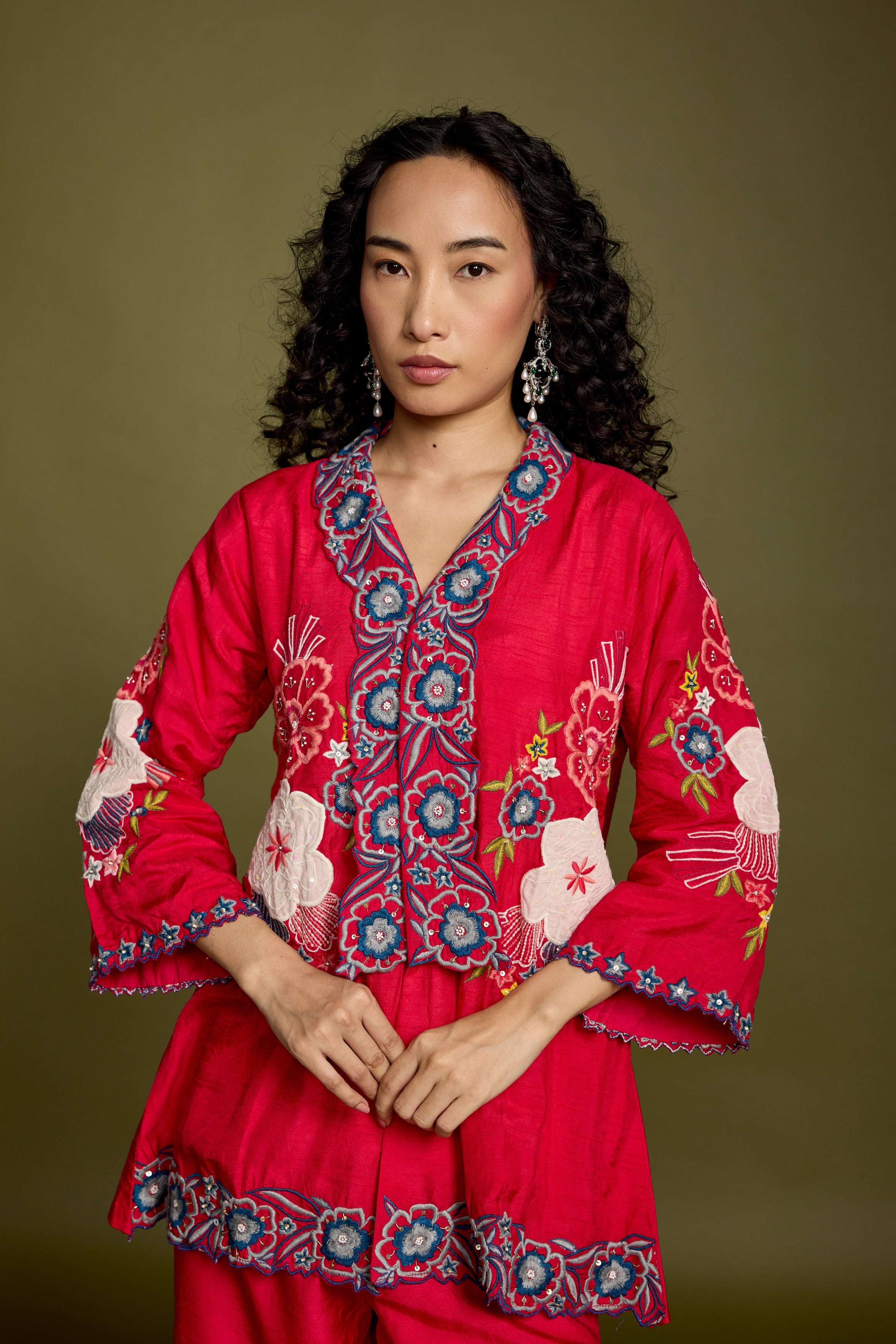 Deep Rose Embellished Raw Silk Co-Ord Set