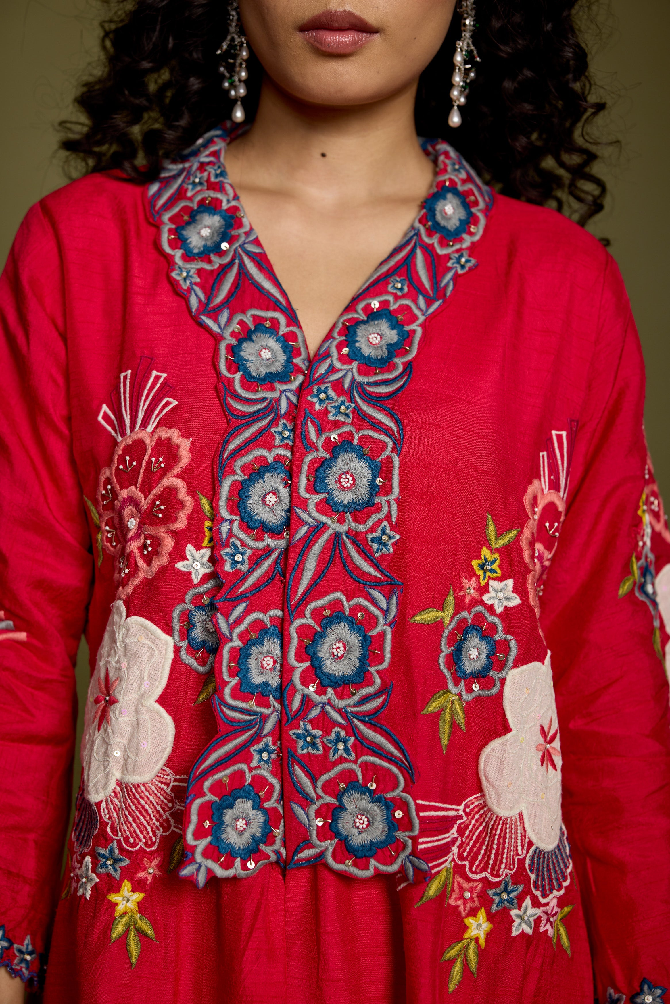 Deep Rose Embellished Raw Silk Co-Ord Set