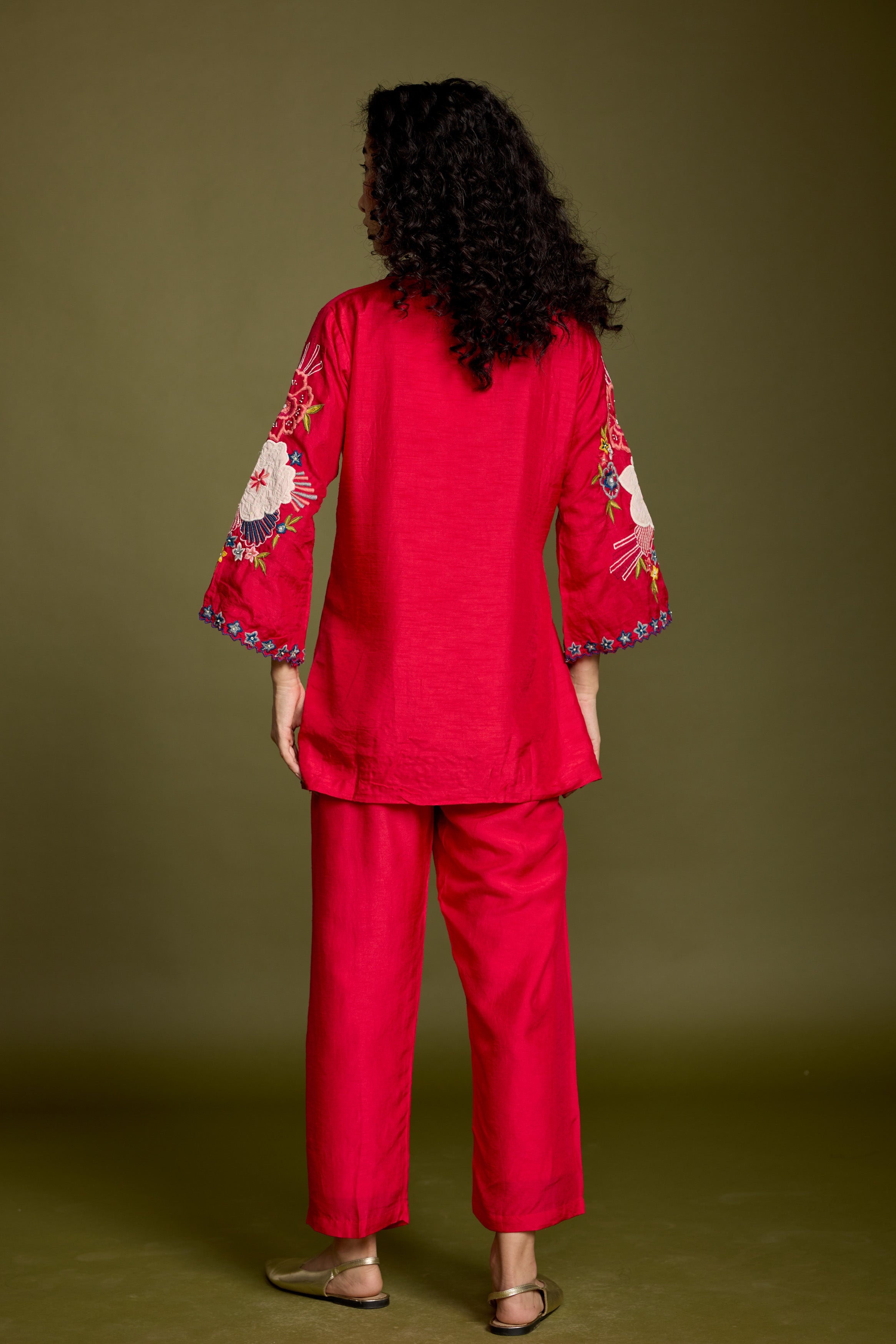 Deep Rose Embellished Raw Silk Co-Ord Set