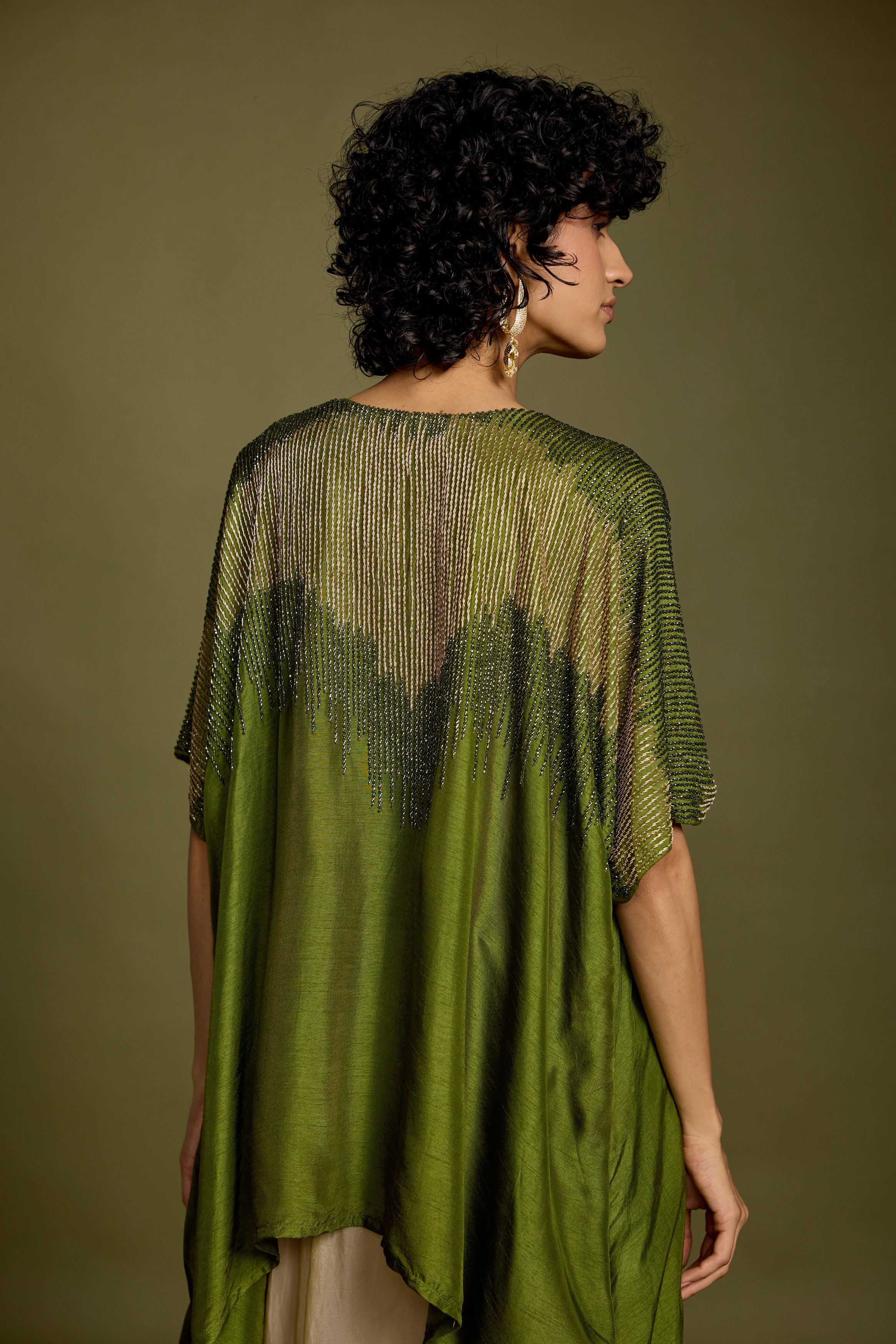 Olive Greeen Embellished Raw Silk Skirt Set