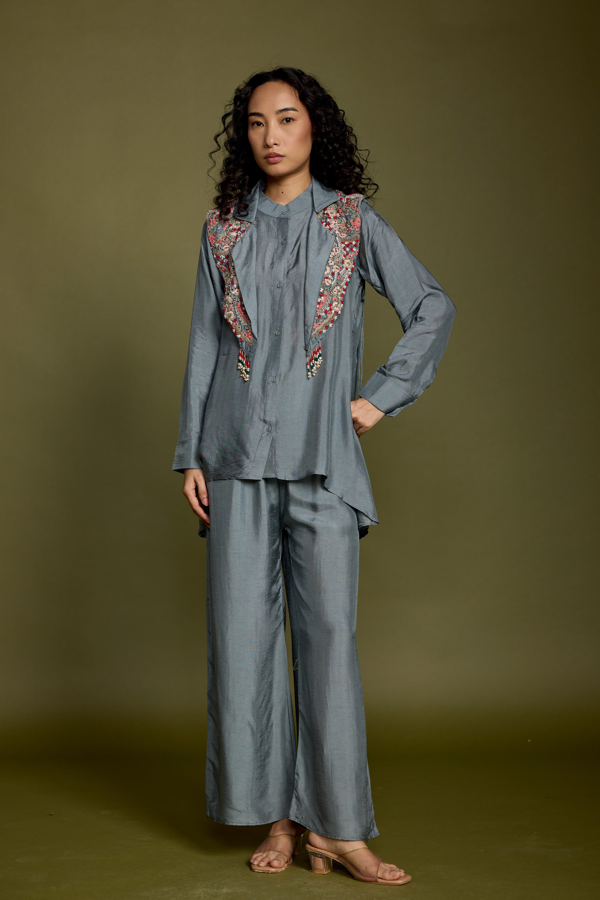 Slate Blue Embellished Raw Silk Co-Ord Set