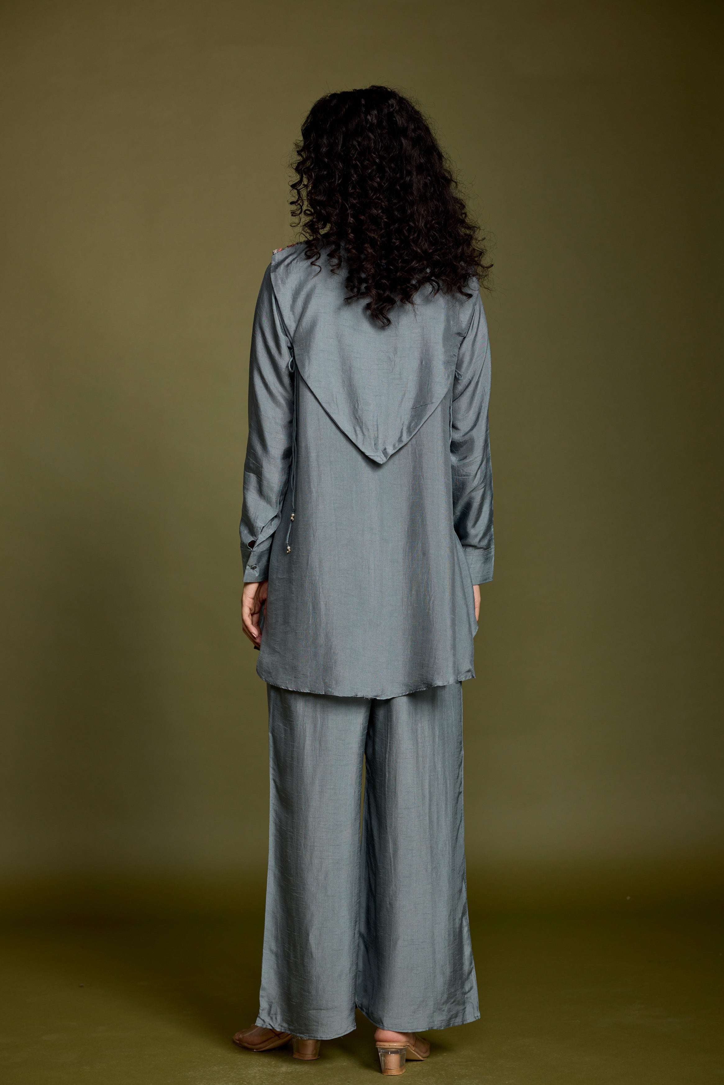 Slate Blue Embellished Raw Silk Co-Ord Set