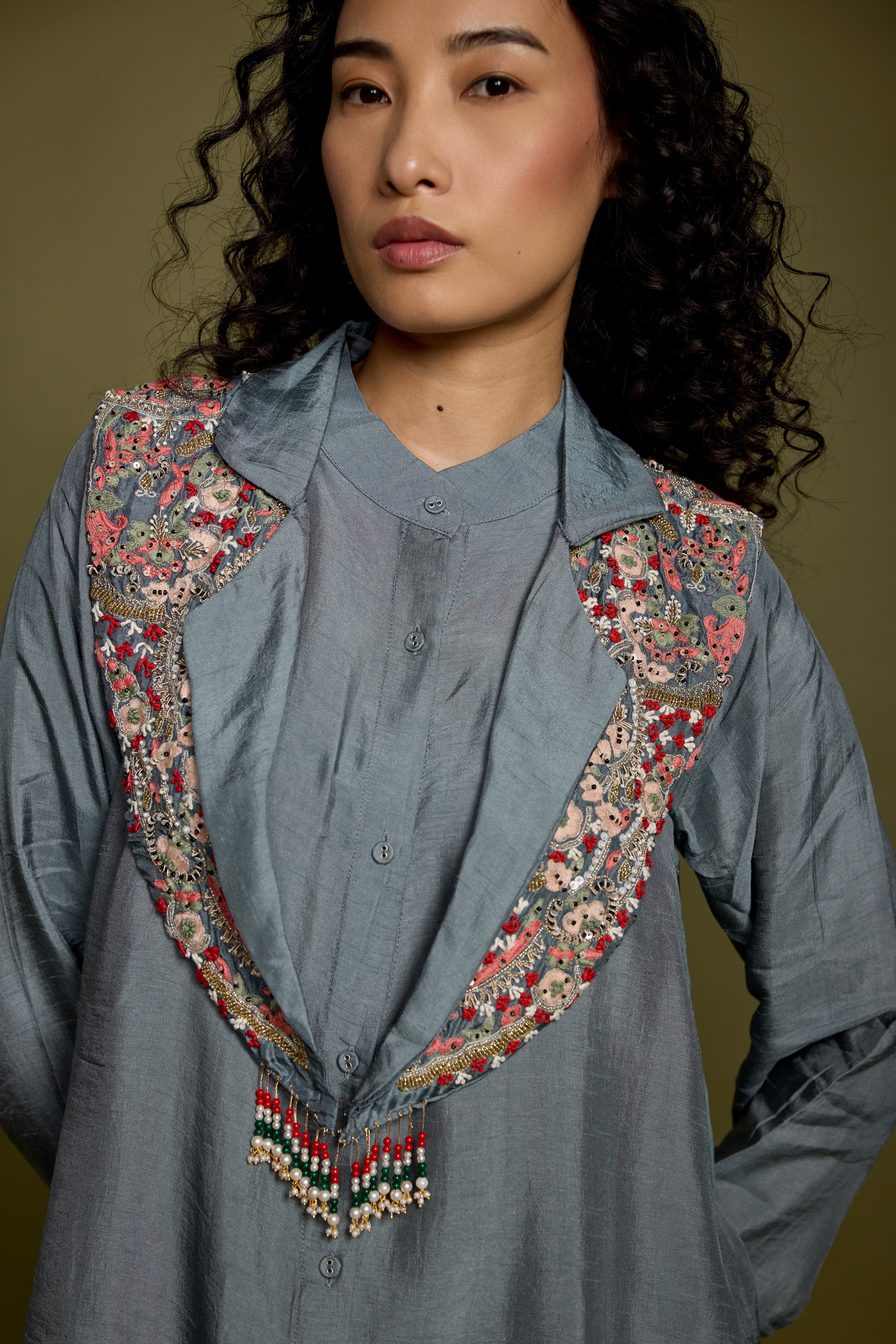 Slate Blue Embellished Raw Silk Co-Ord Set