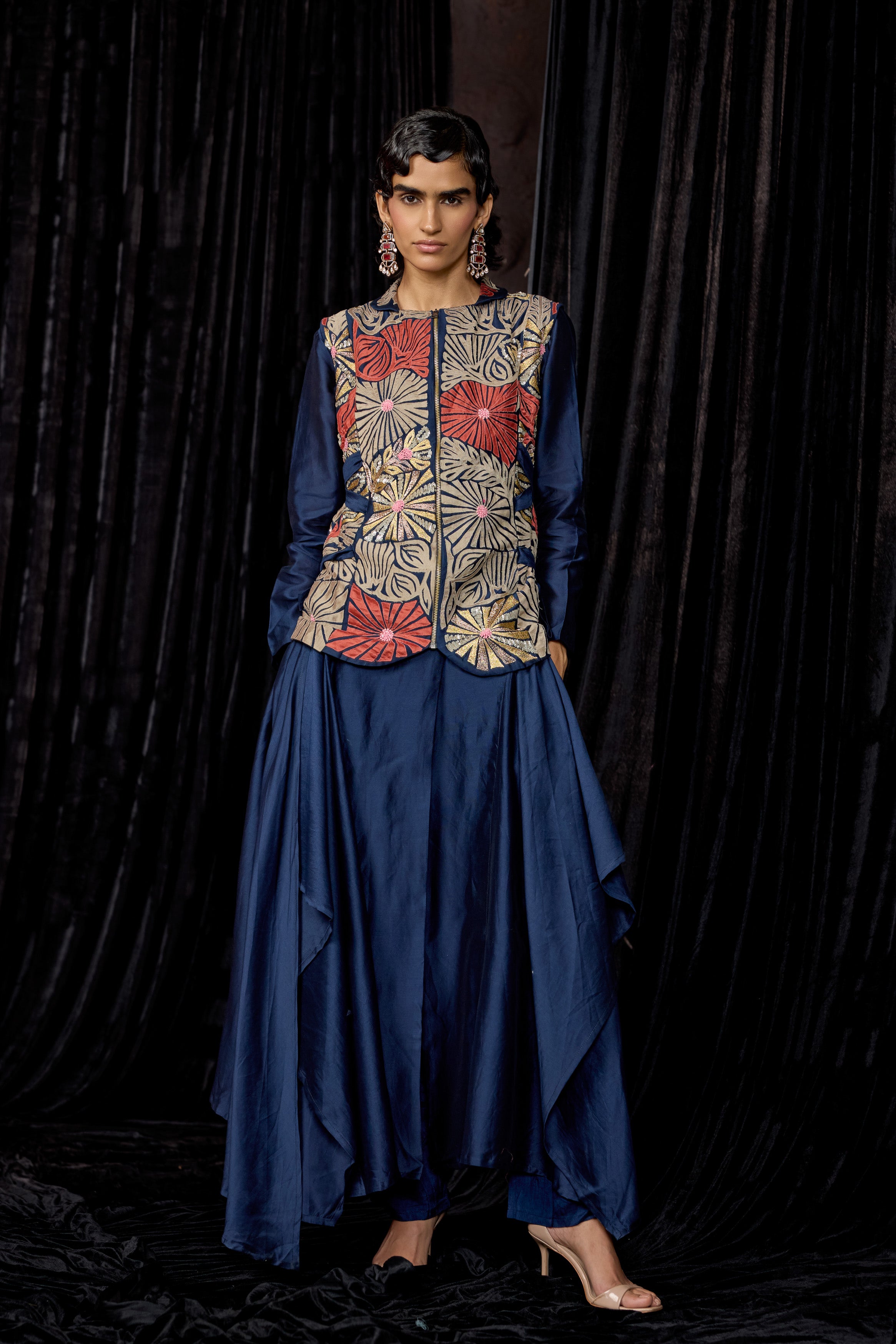 Midnight Blue Embellished Raw Silk Tunic Set