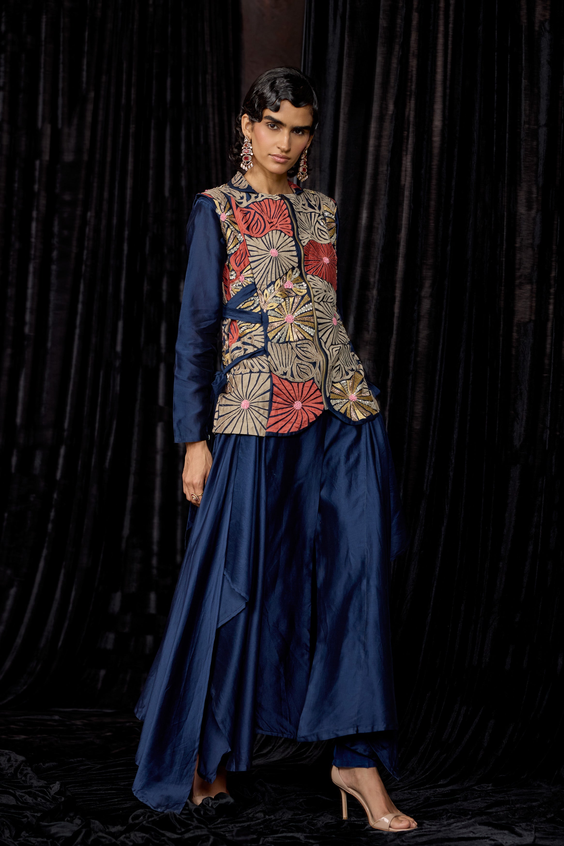 Midnight Blue Embellished Raw Silk Tunic Set