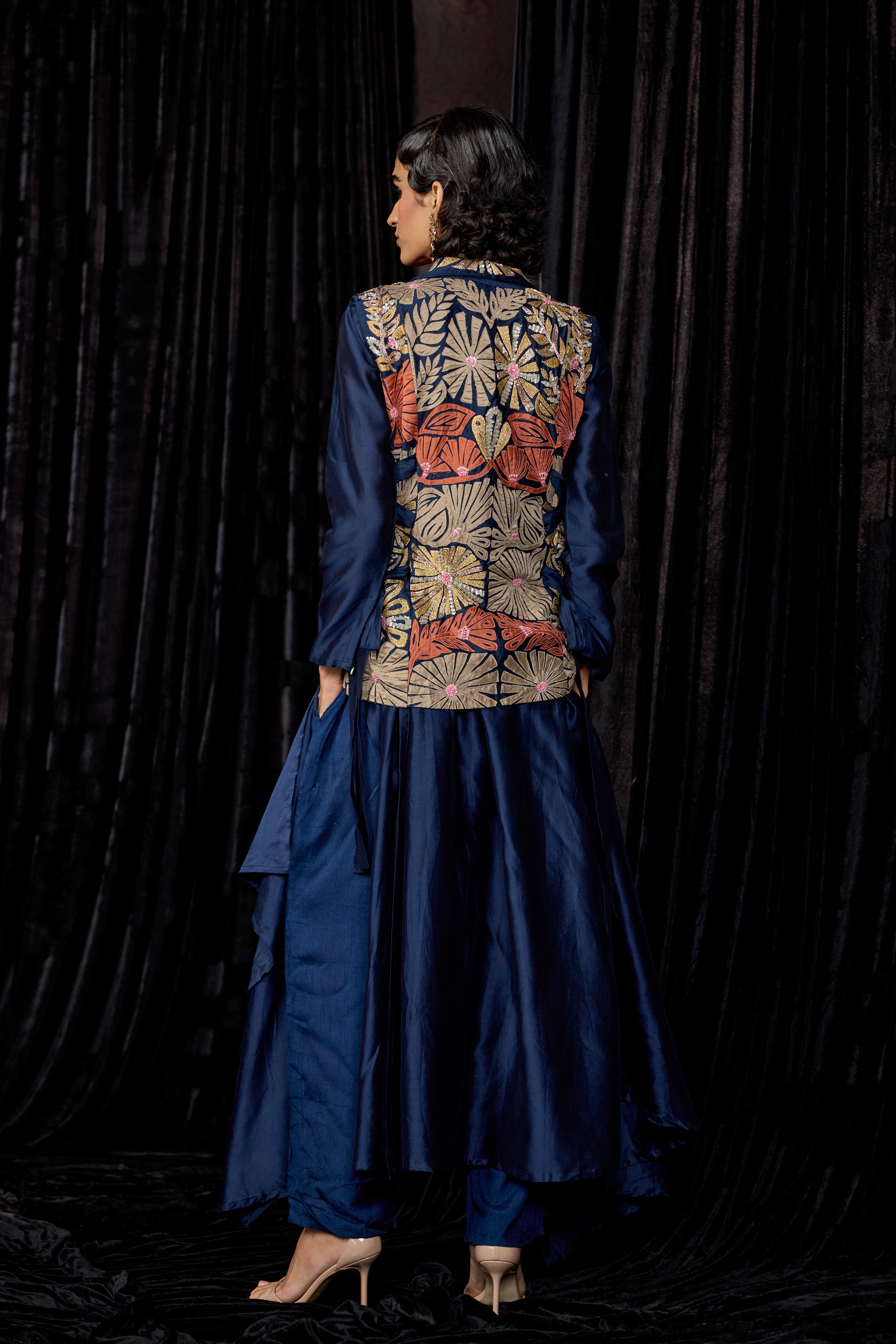 Midnight Blue Embellished Raw Silk Tunic Set