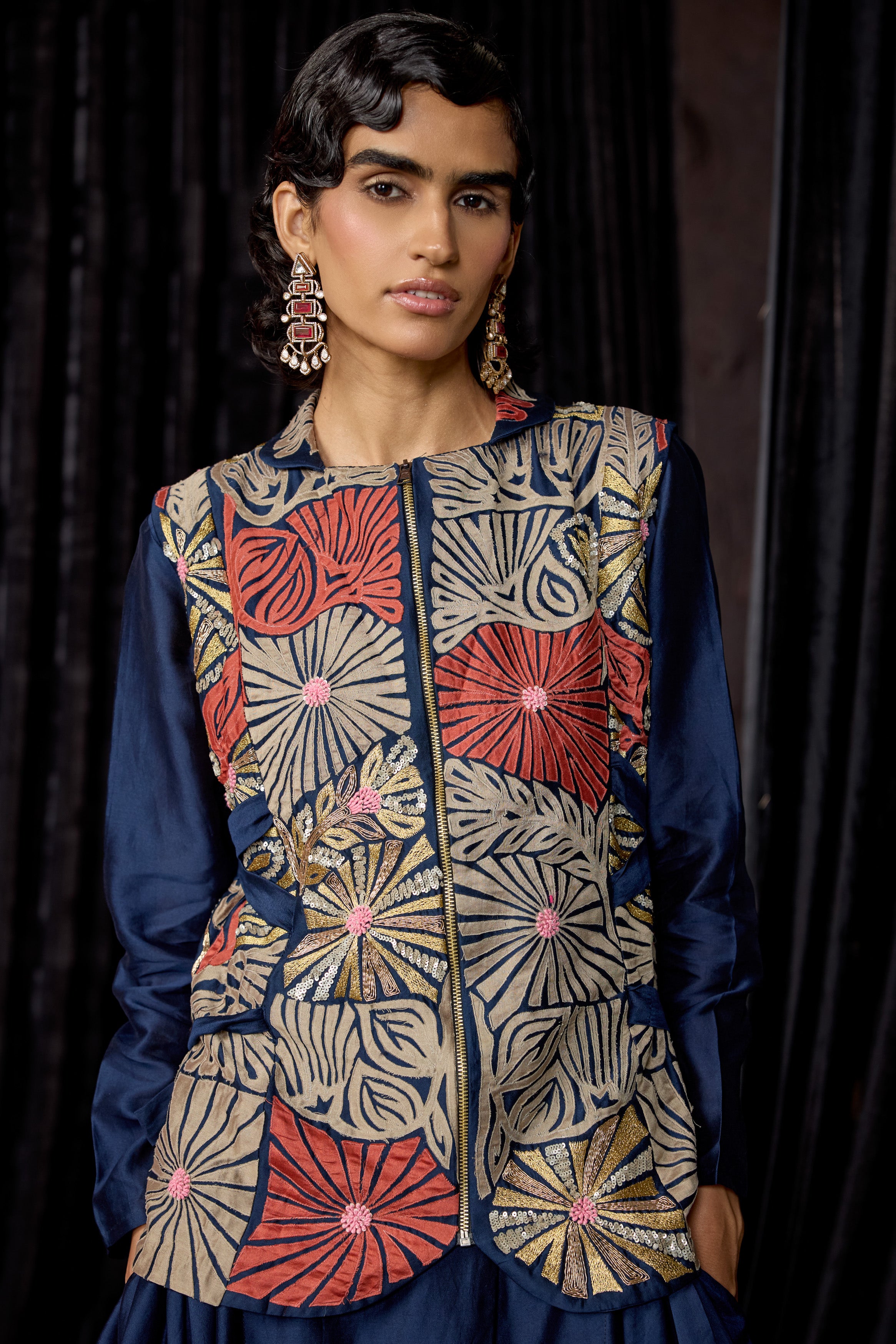 Midnight Blue Embellished Raw Silk Tunic Set