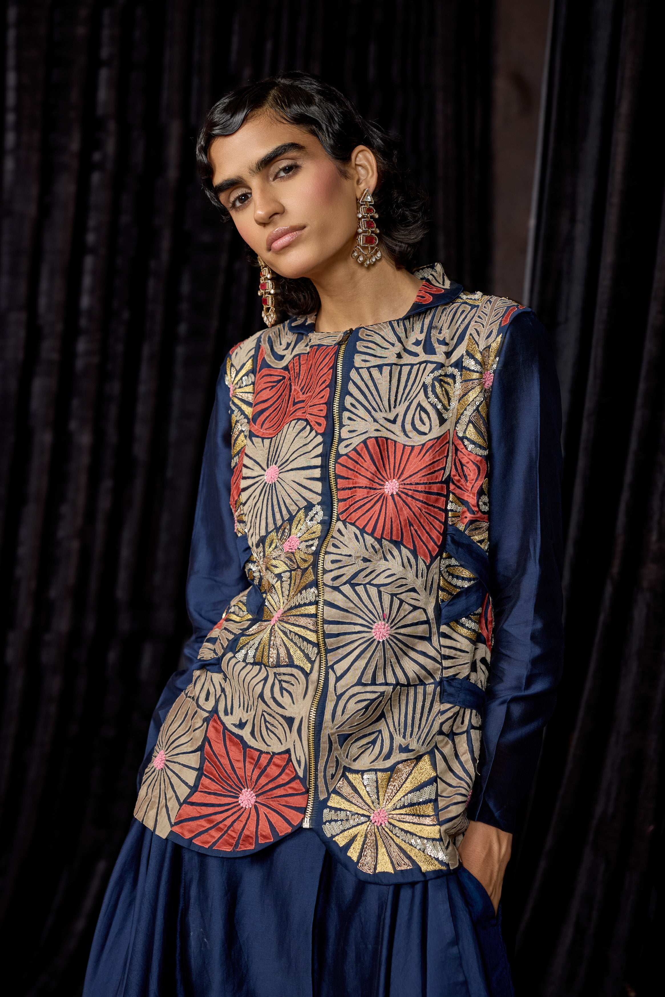 Midnight Blue Embellished Raw Silk Tunic Set