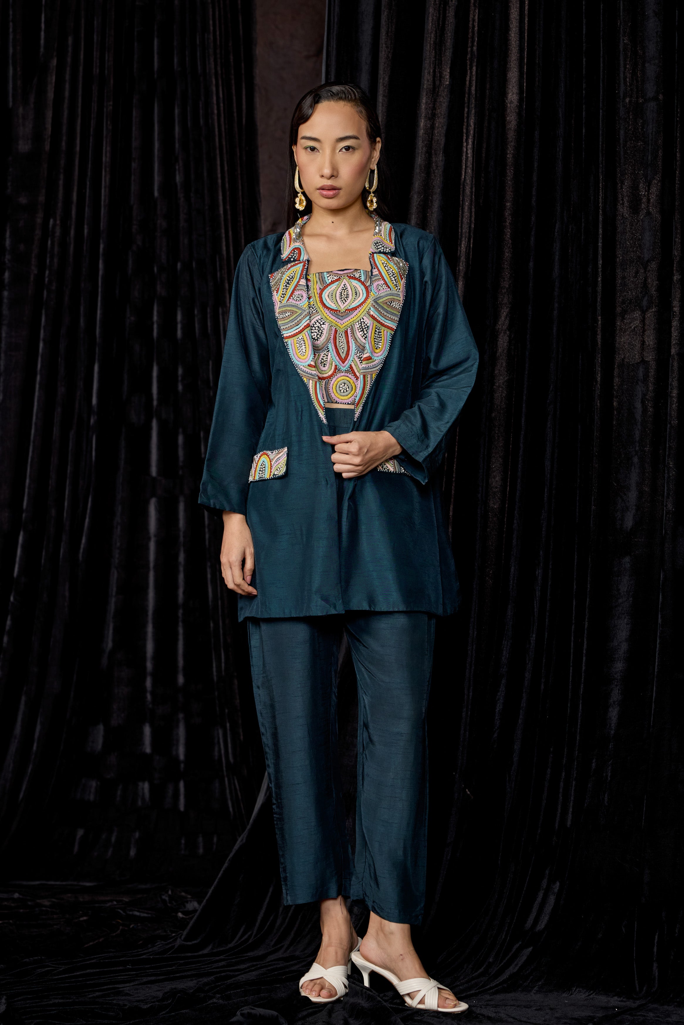 Teal Blue Embellished Raw Silk Co-Ord Set
