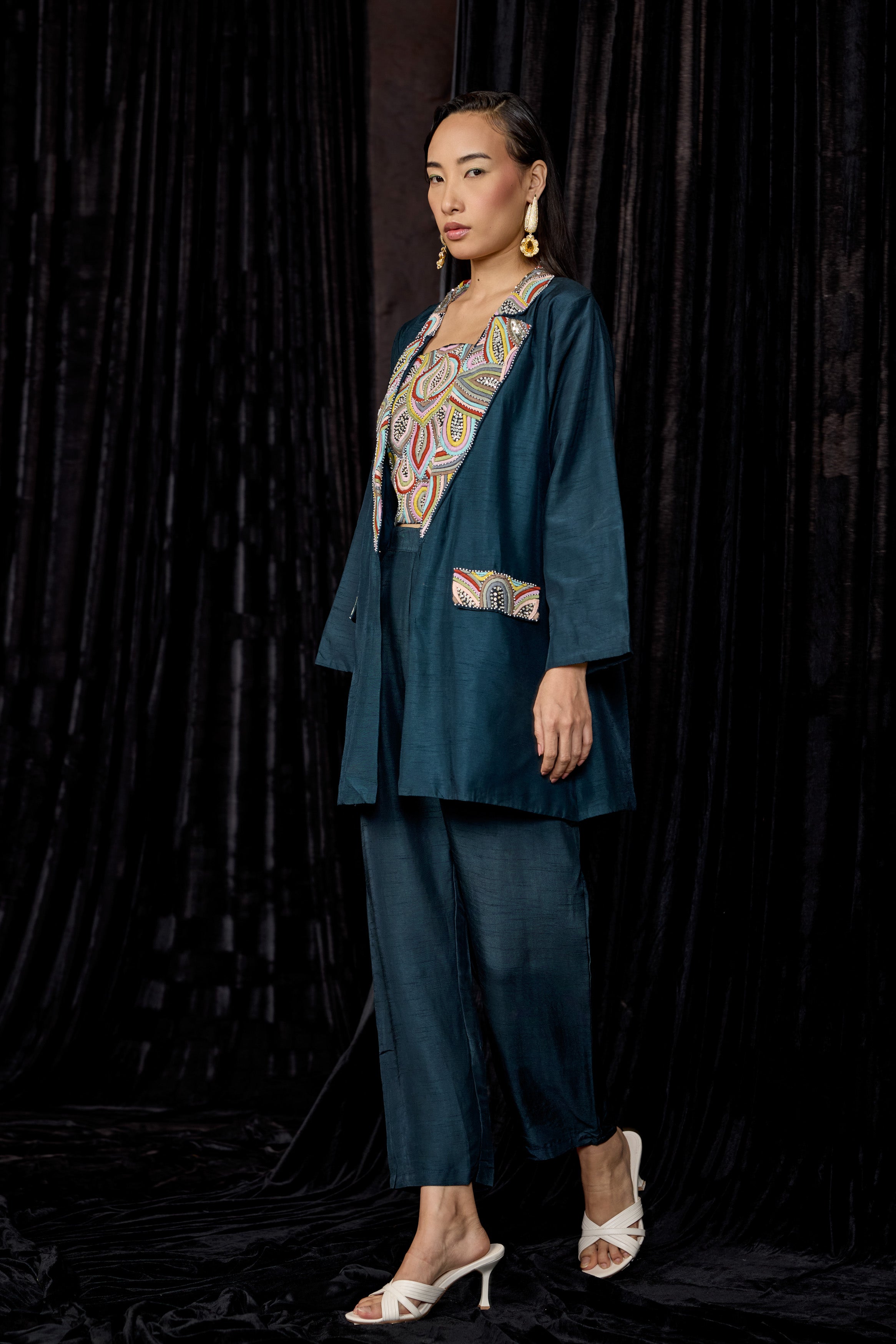 Teal Blue Embellished Raw Silk Co-Ord Set