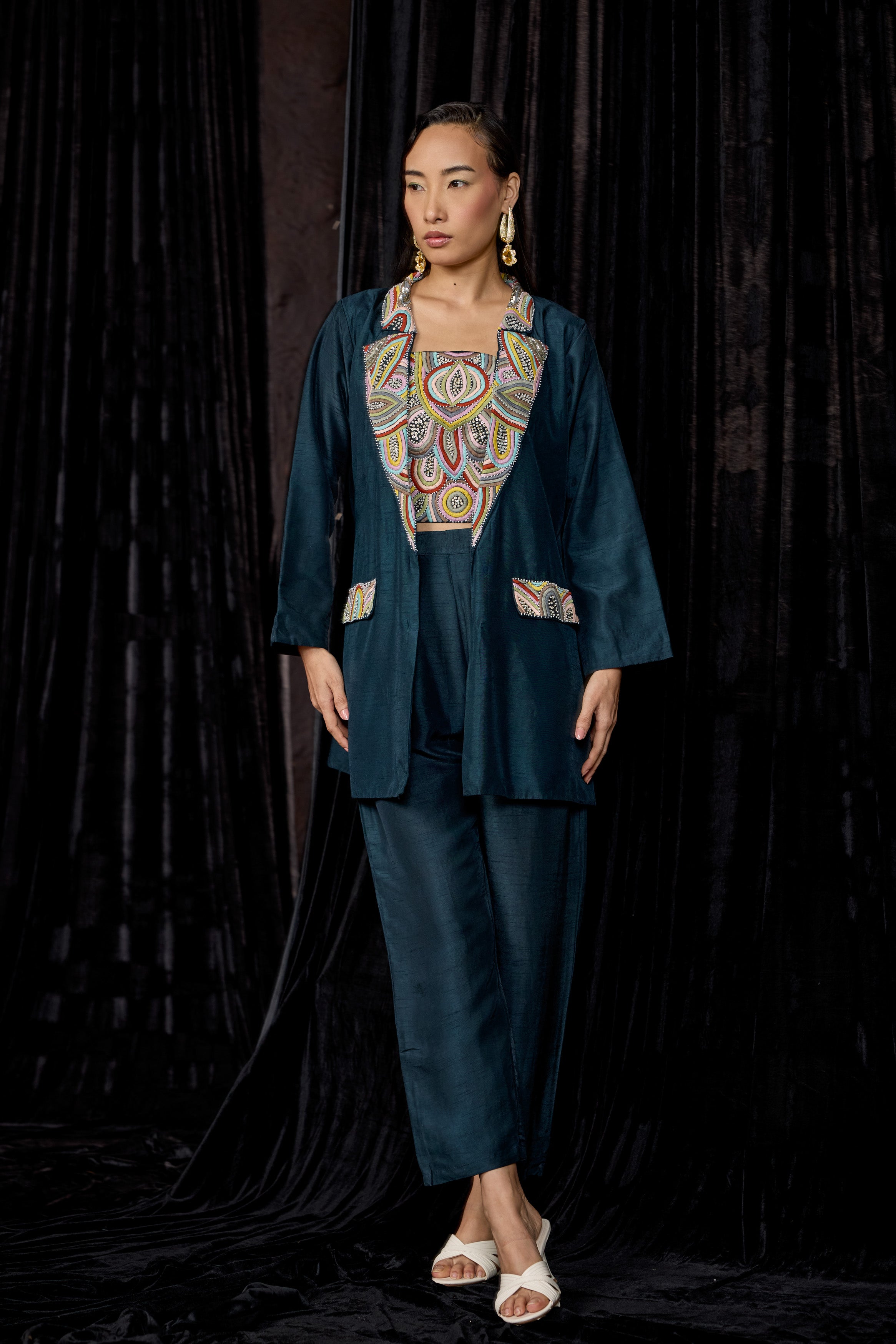 Teal Blue Embellished Raw Silk Co-Ord Set