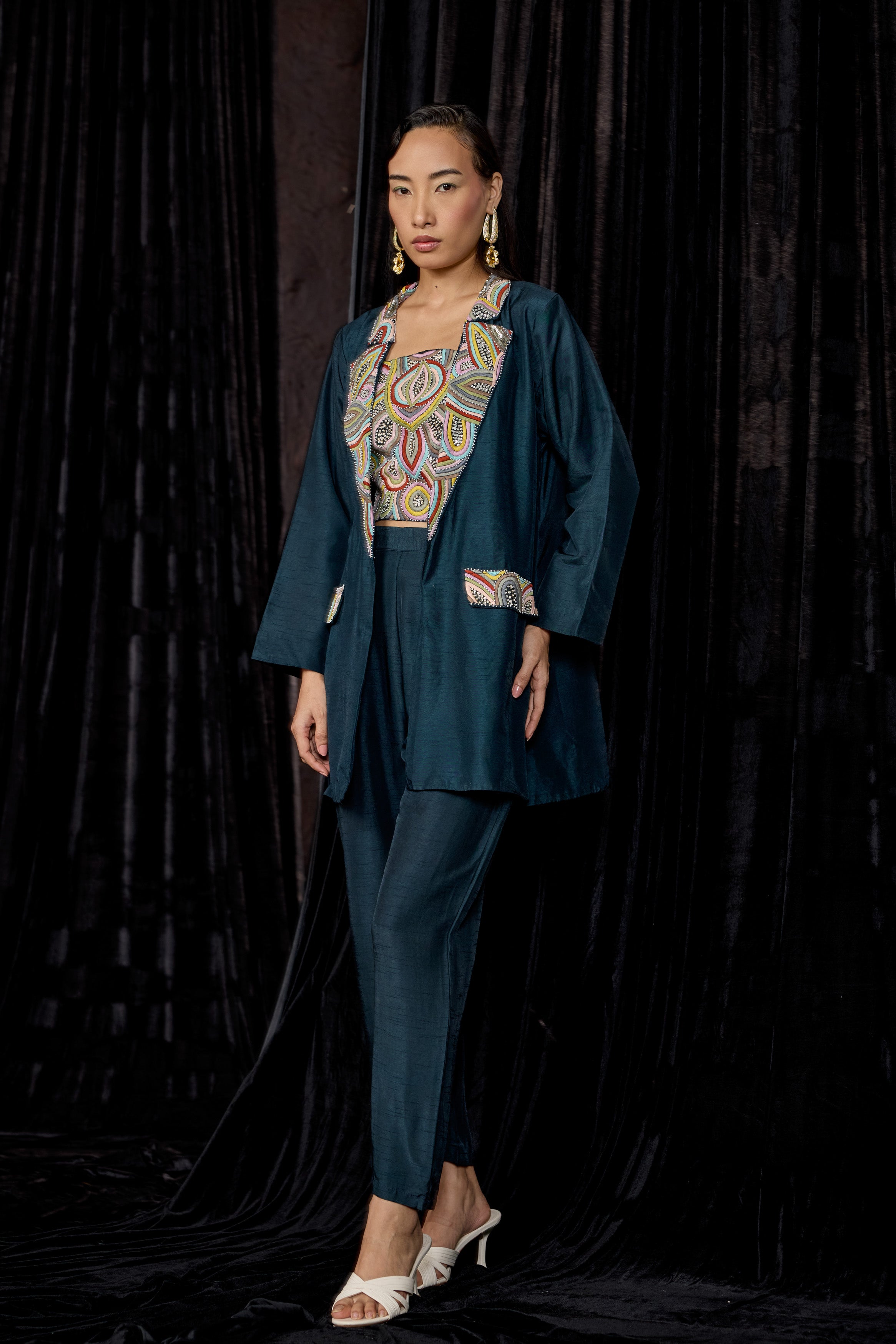 Teal Blue Embellished Raw Silk Co-Ord Set
