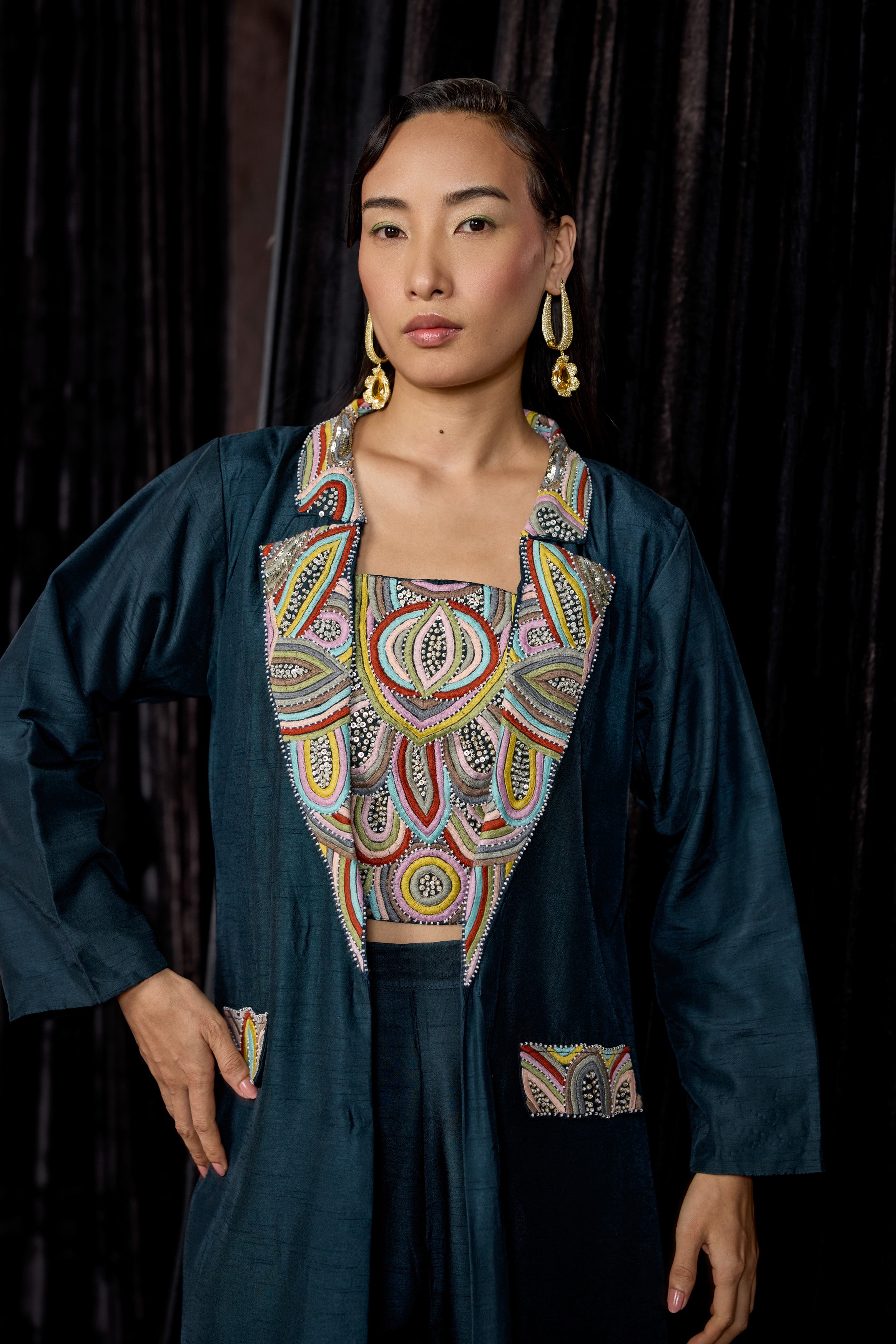 Teal Blue Embellished Raw Silk Co-Ord Set