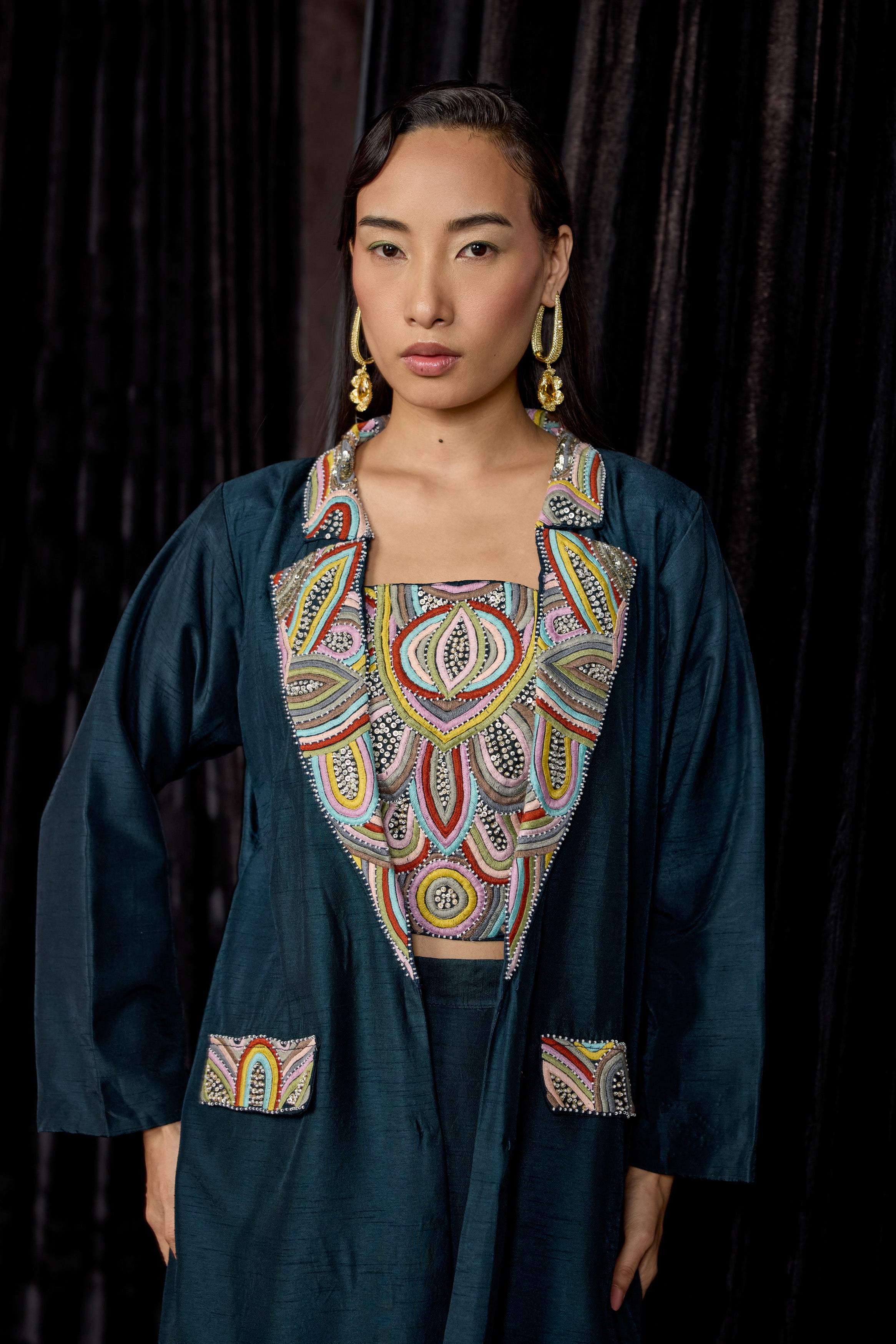 Teal Blue Embellished Raw Silk Co-Ord Set