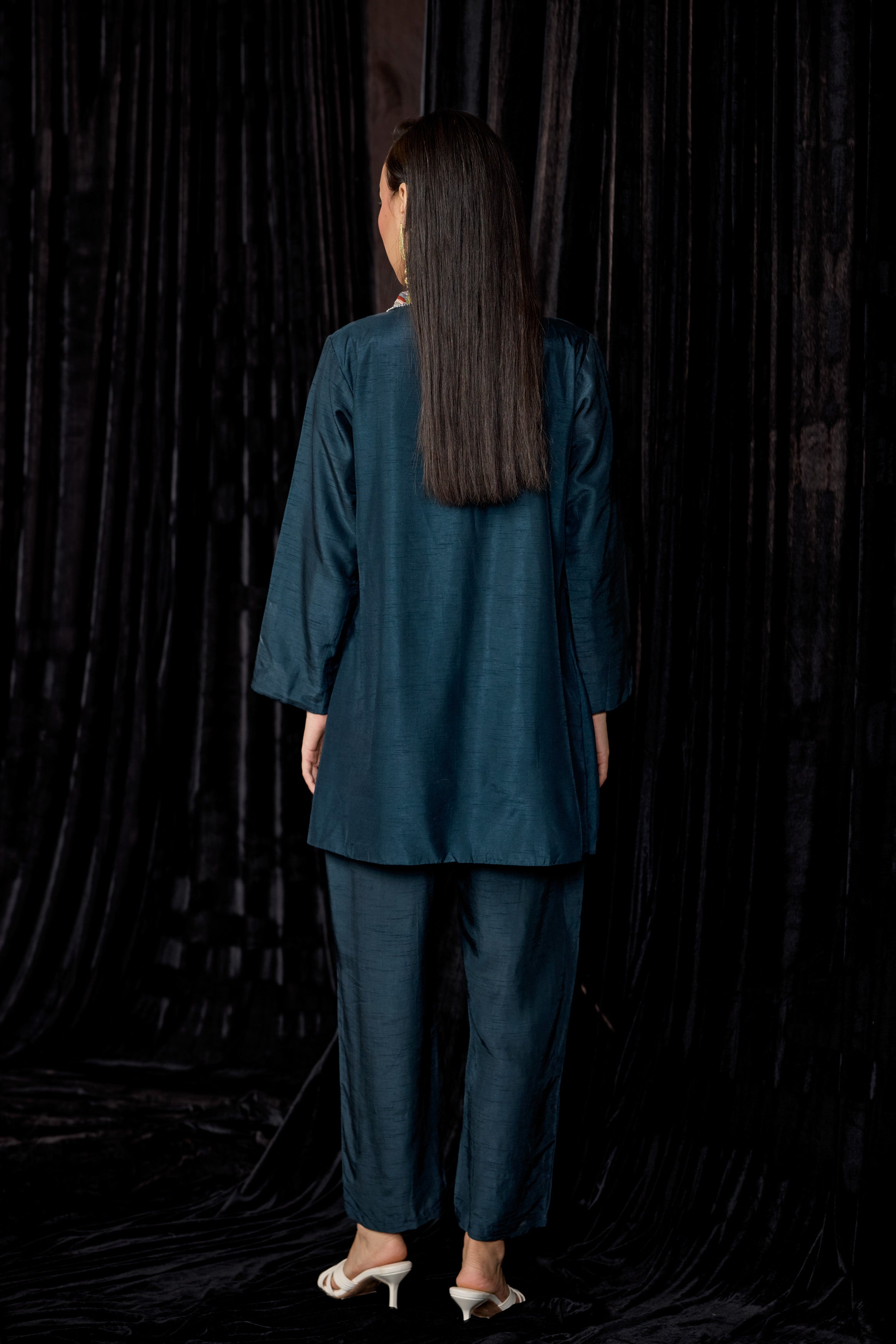 Teal Blue Embellished Raw Silk Co-Ord Set