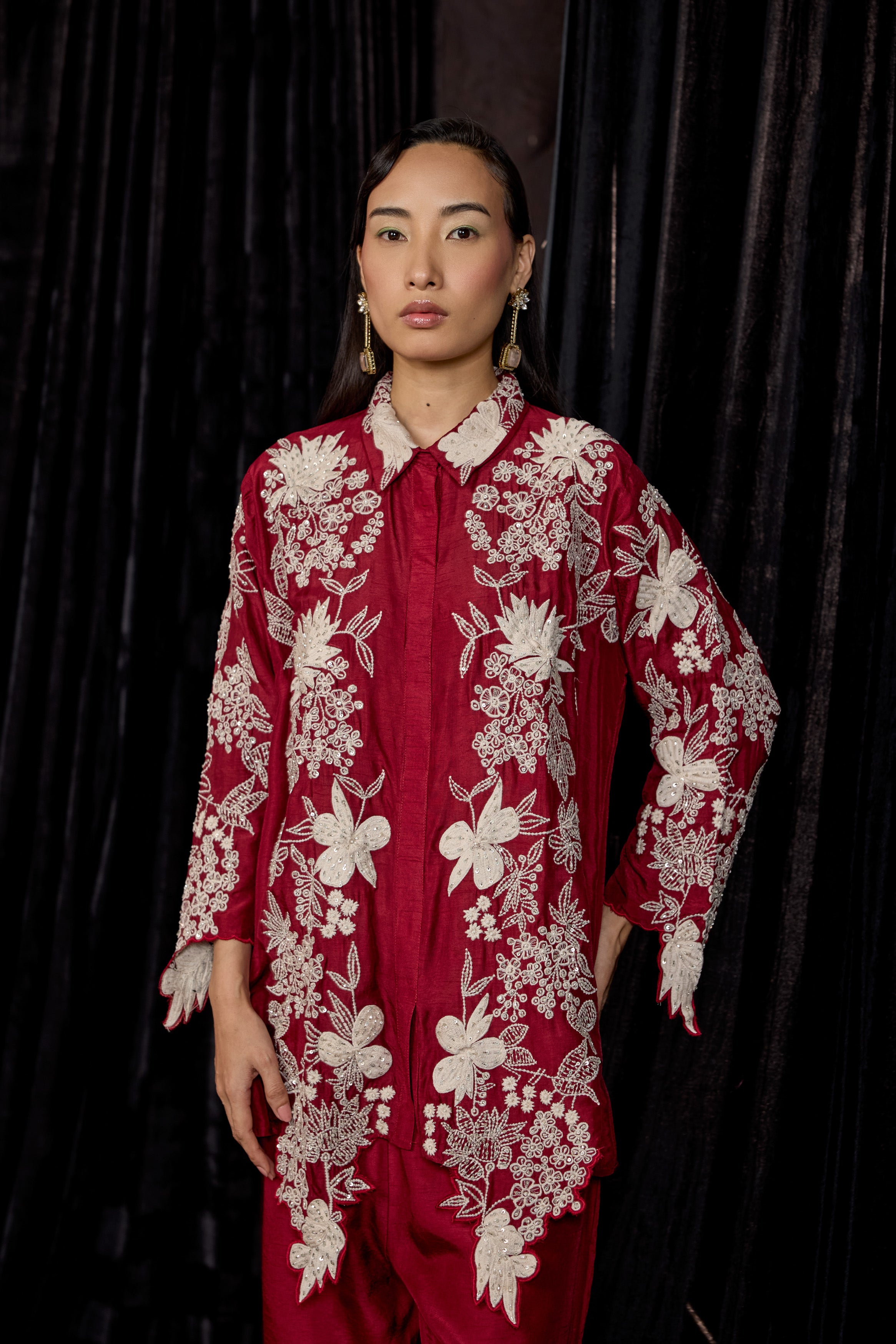 Deep Red Embroidered Raw Silk Co-Ord Set