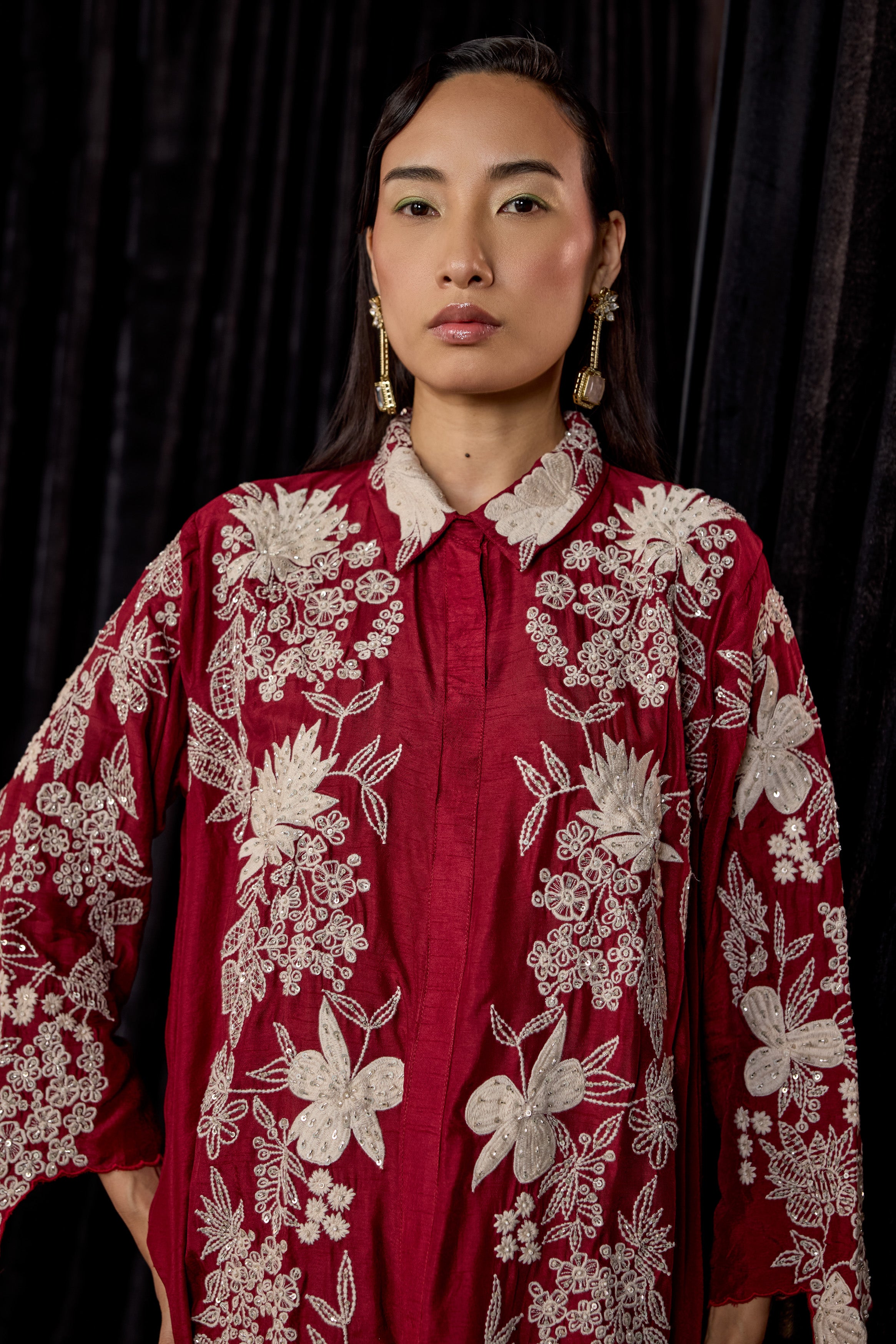 Deep Red Embroidered Raw Silk Co-Ord Set