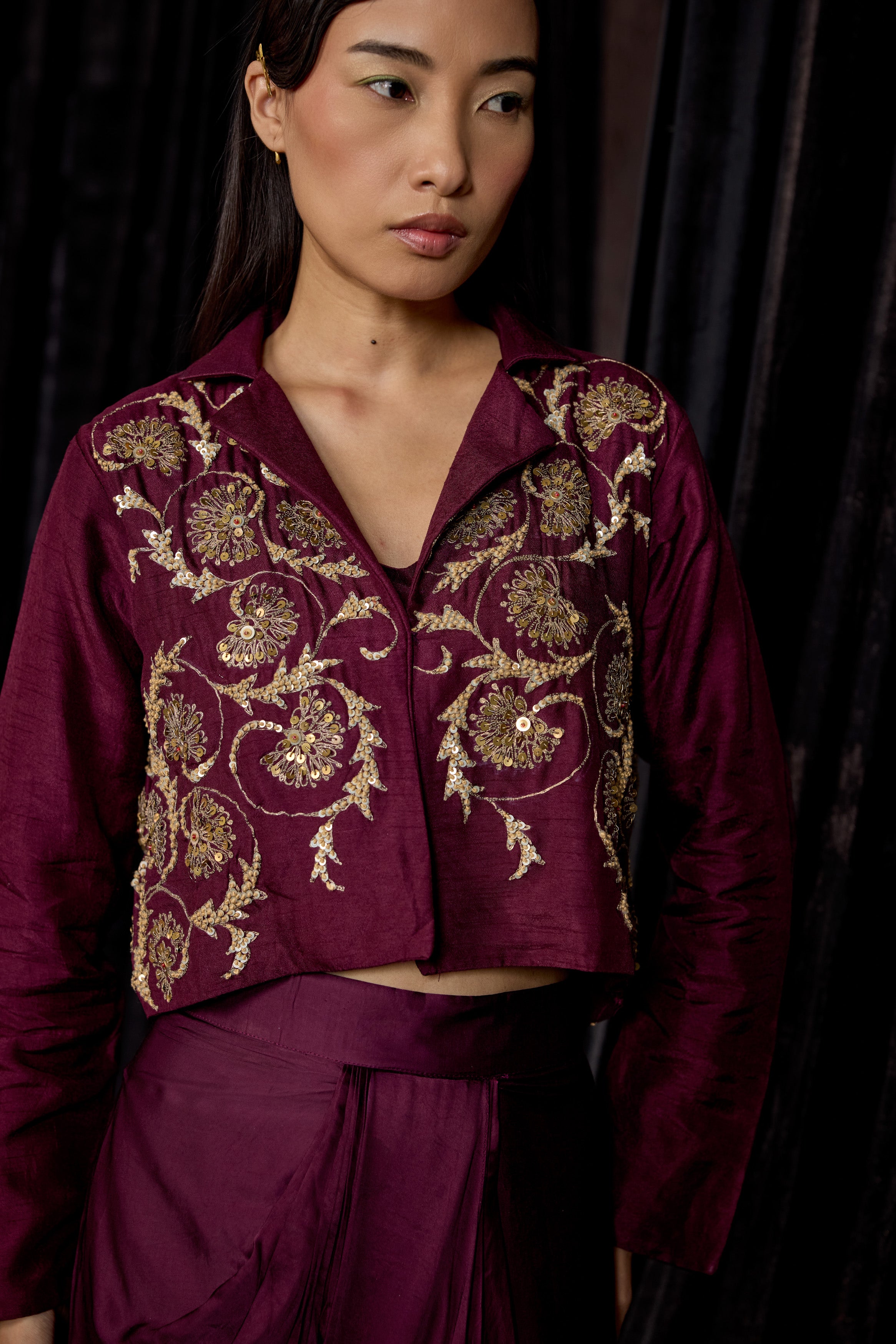 Wine Embellished Raw Silk Skirt Set