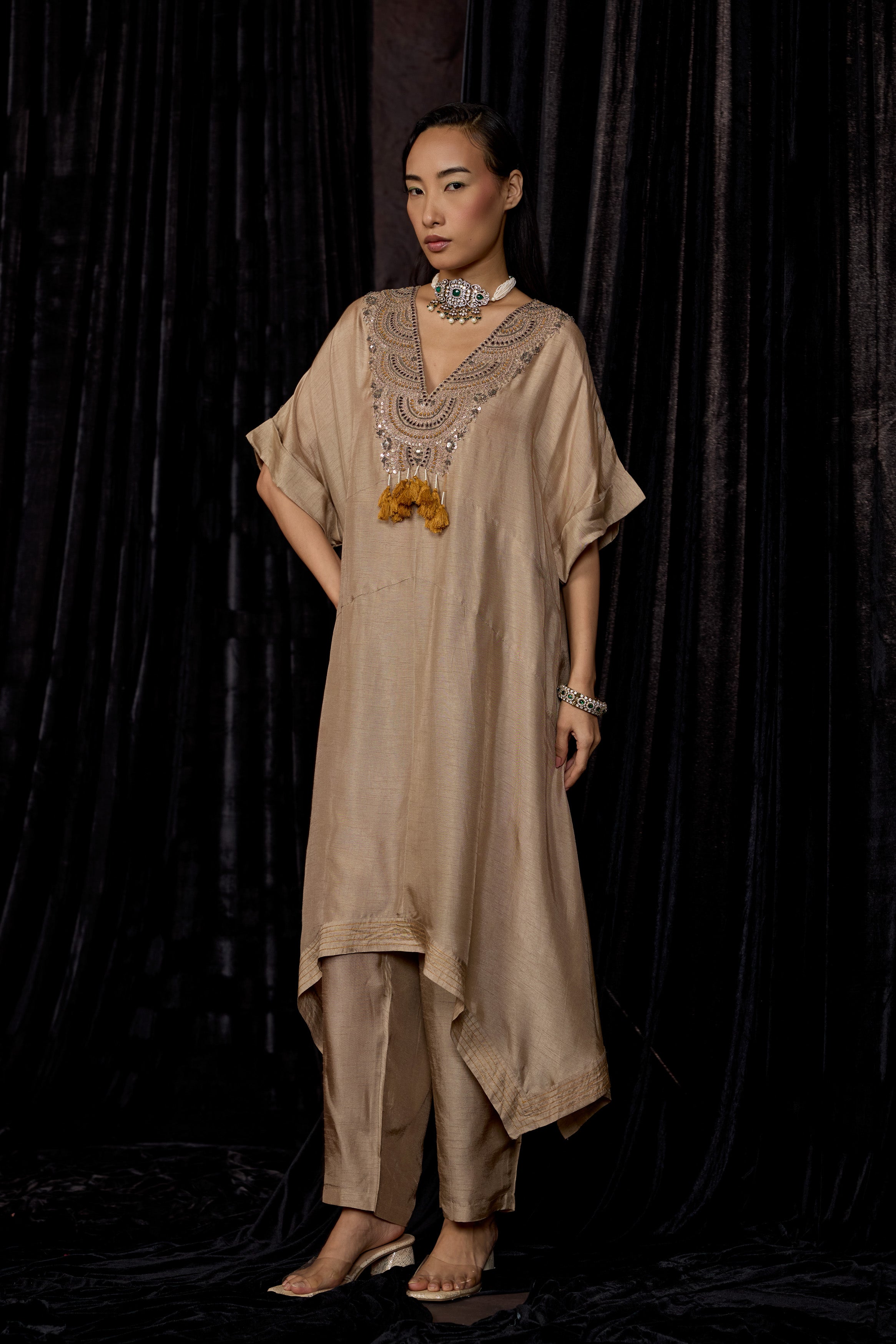 Champagne Gold Embellished Raw Silk Pant Set