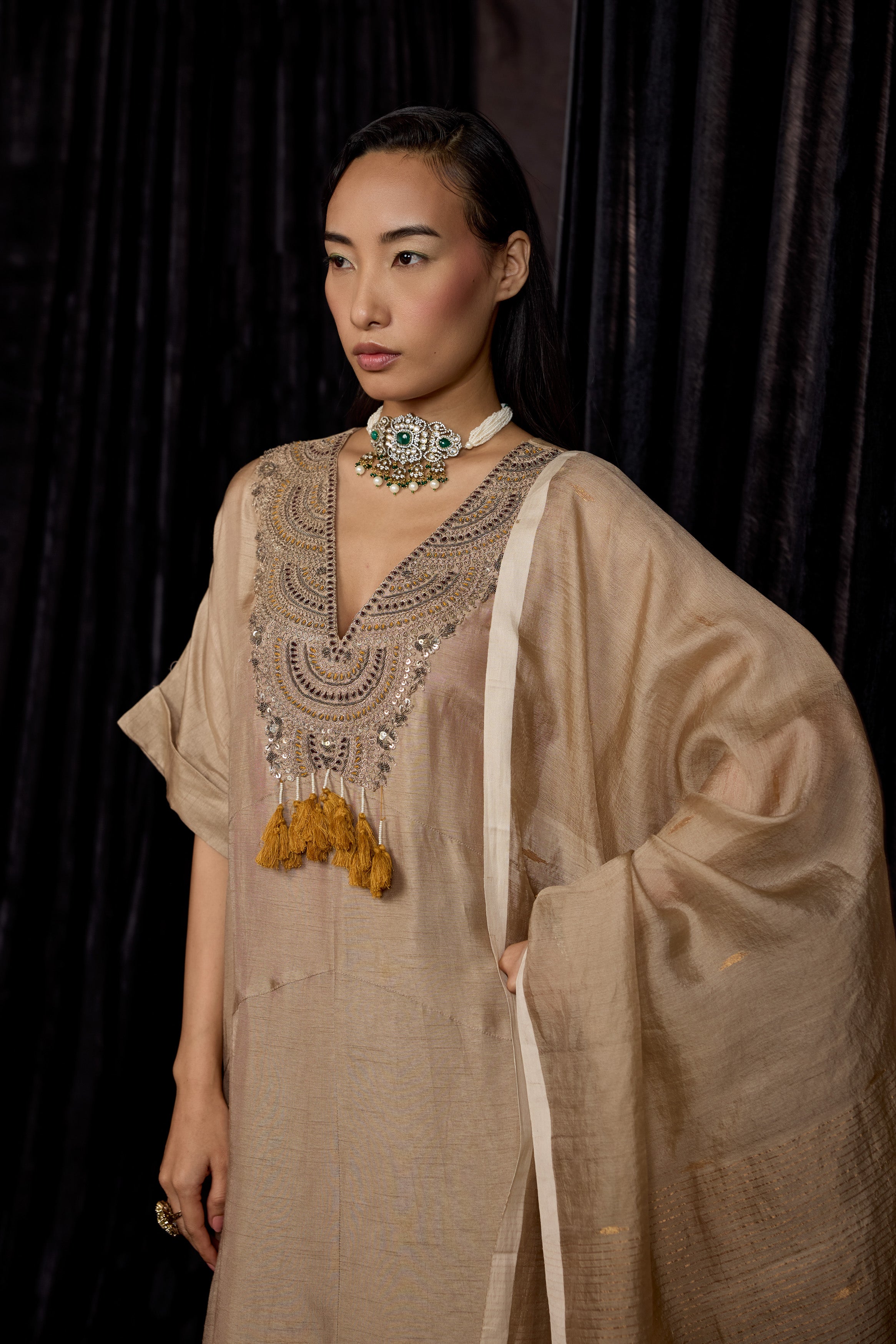 Champagne Gold Embellished Raw Silk Pant Set