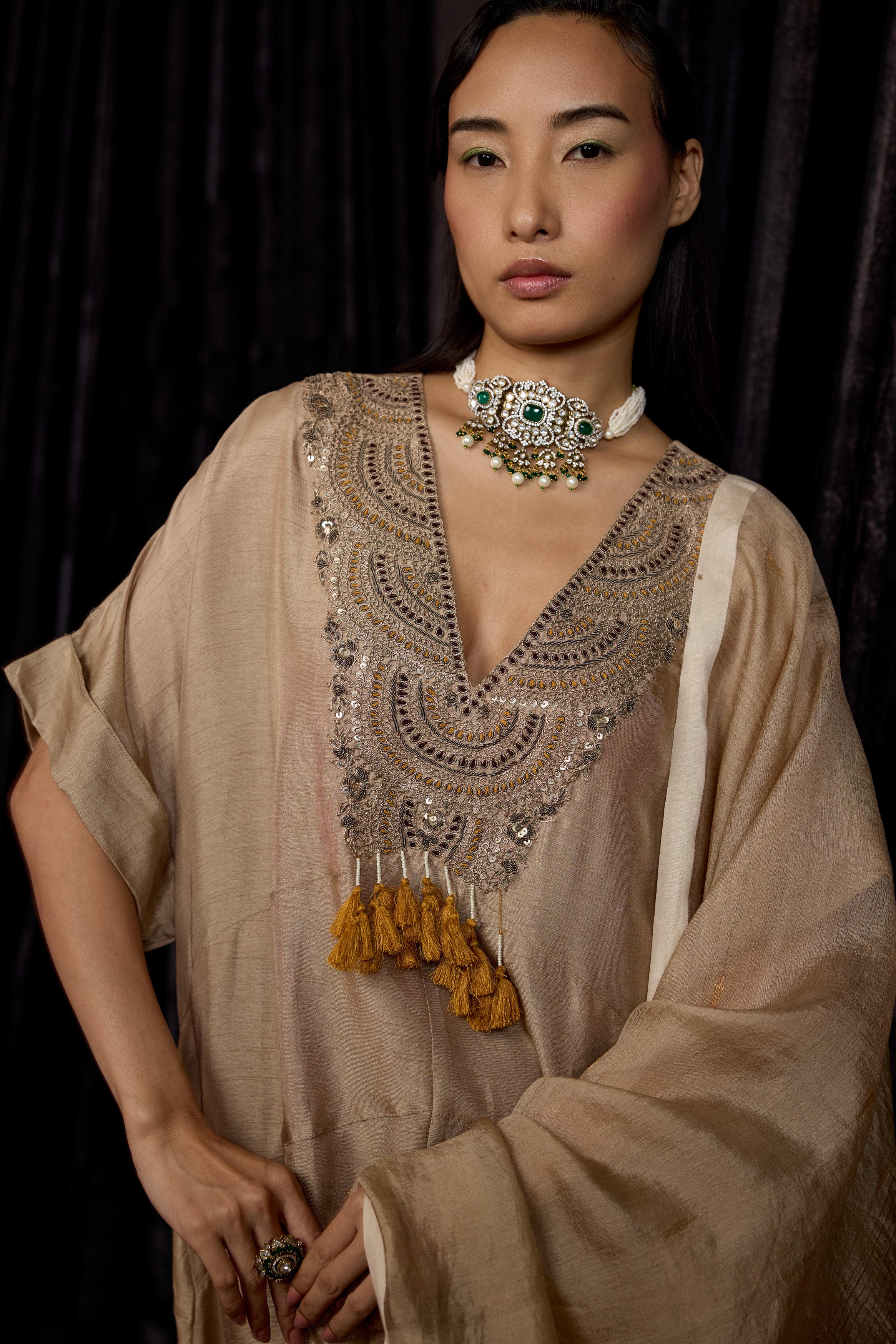 Champagne Gold Embellished Raw Silk Pant Set