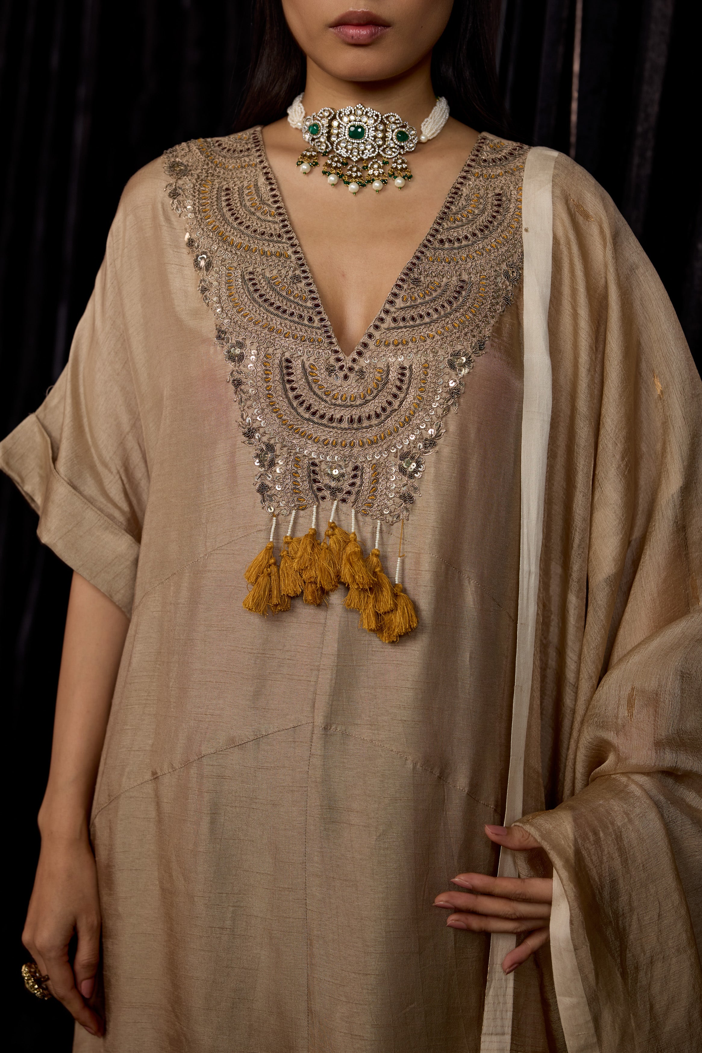 Champagne Gold Embellished Raw Silk Pant Set