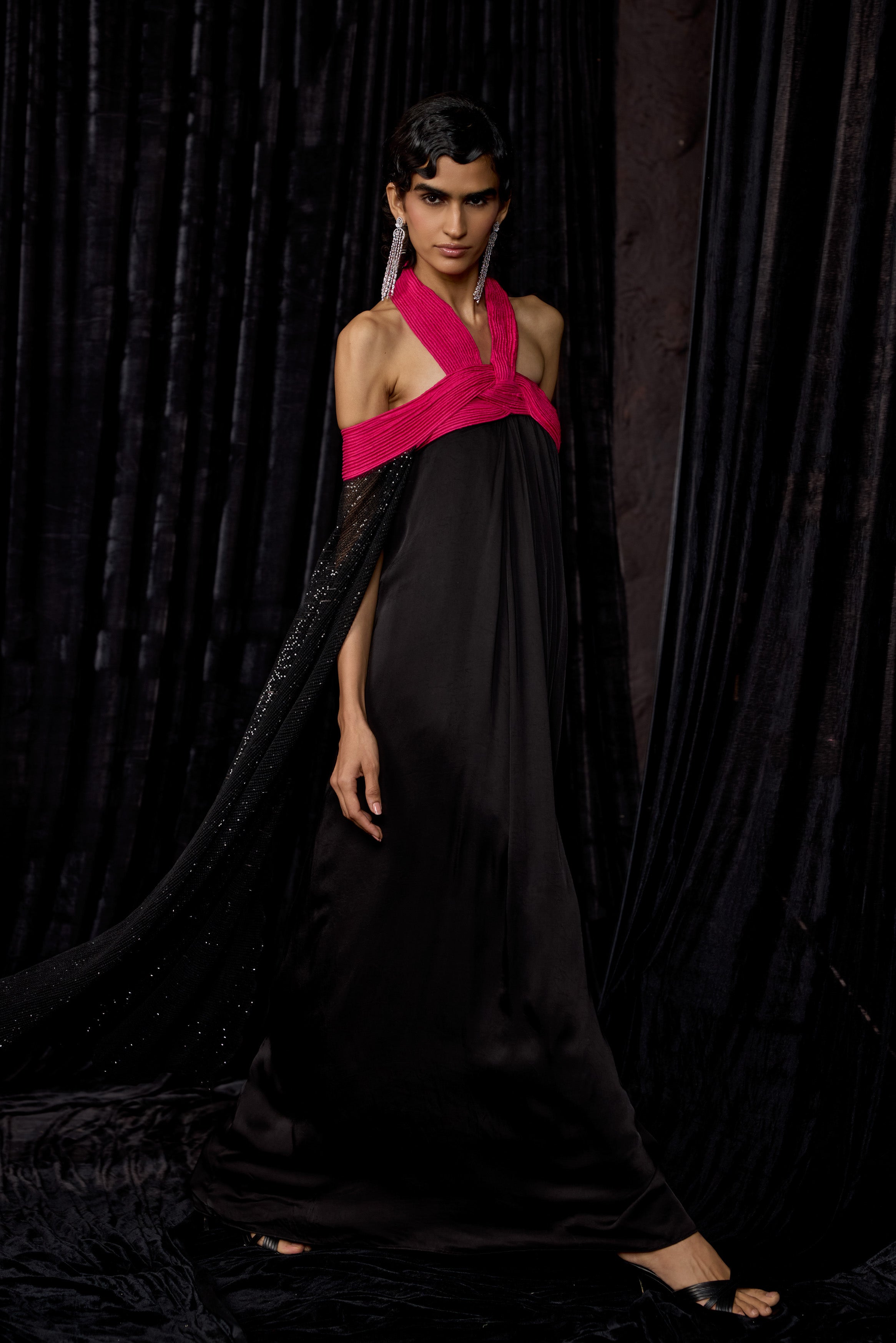 Classic Black Embellished Satin Silk Gown Set