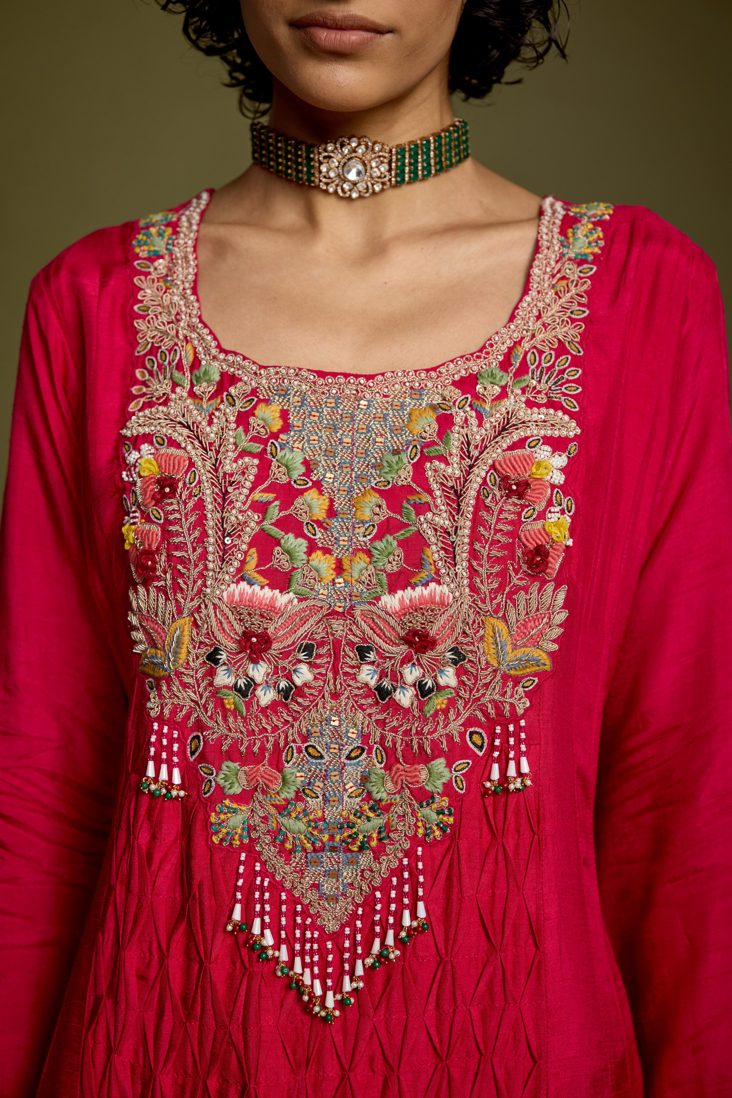 Dark Pink Embellished Raw Silk Gown