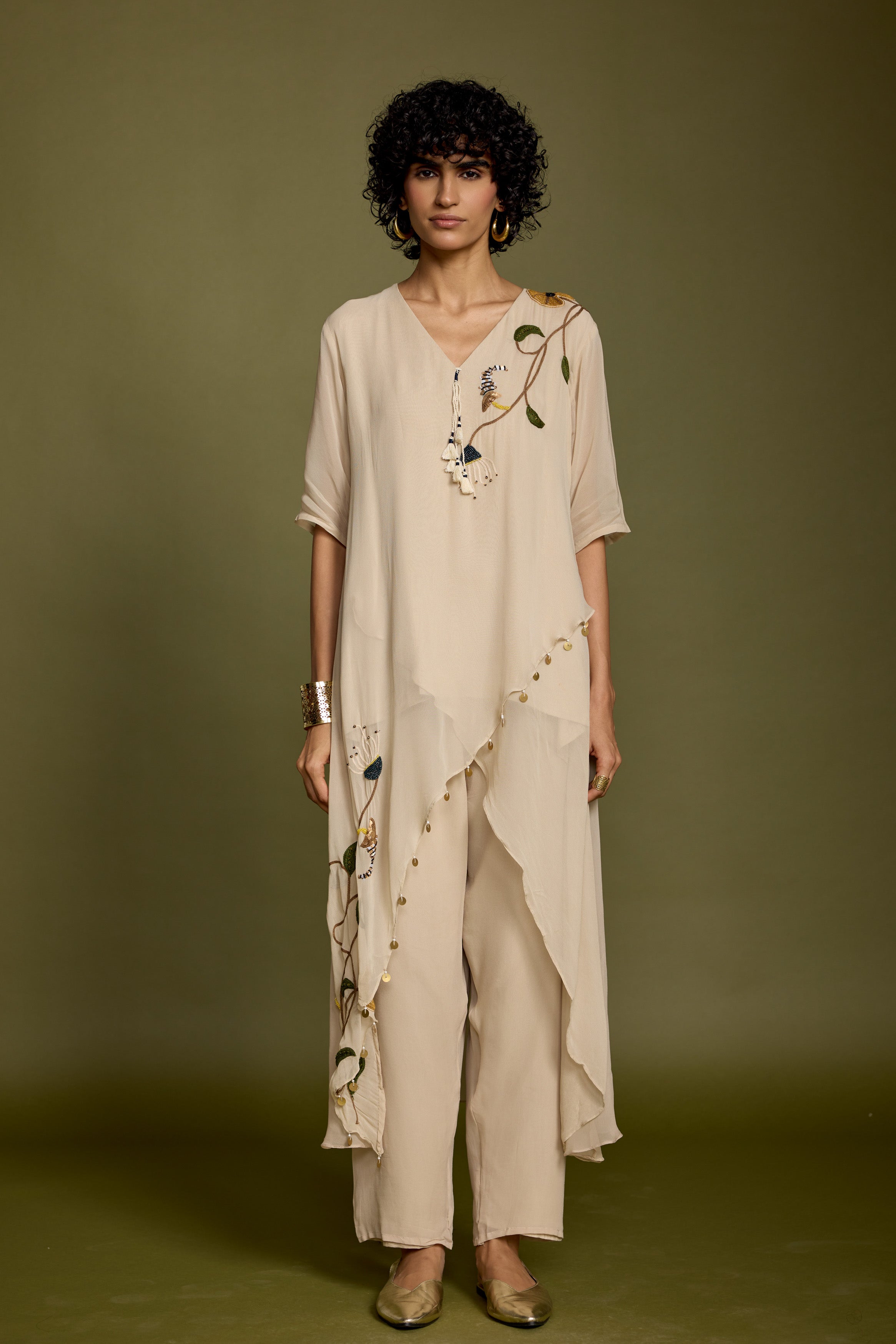 Champagne Beige Embellished Georgette Silk Kurta Set