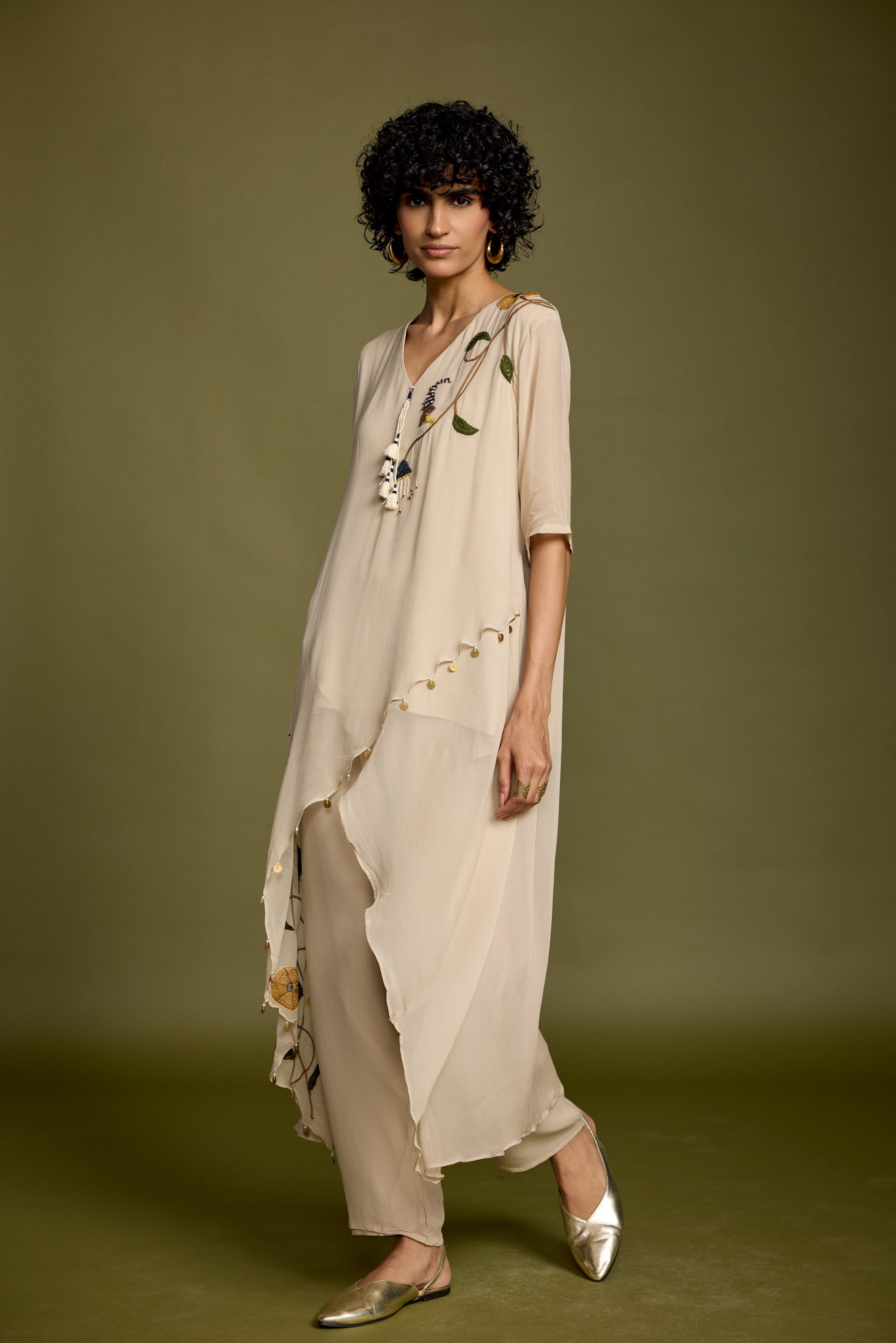 Champagne Beige Embellished Georgette Silk Kurta Set