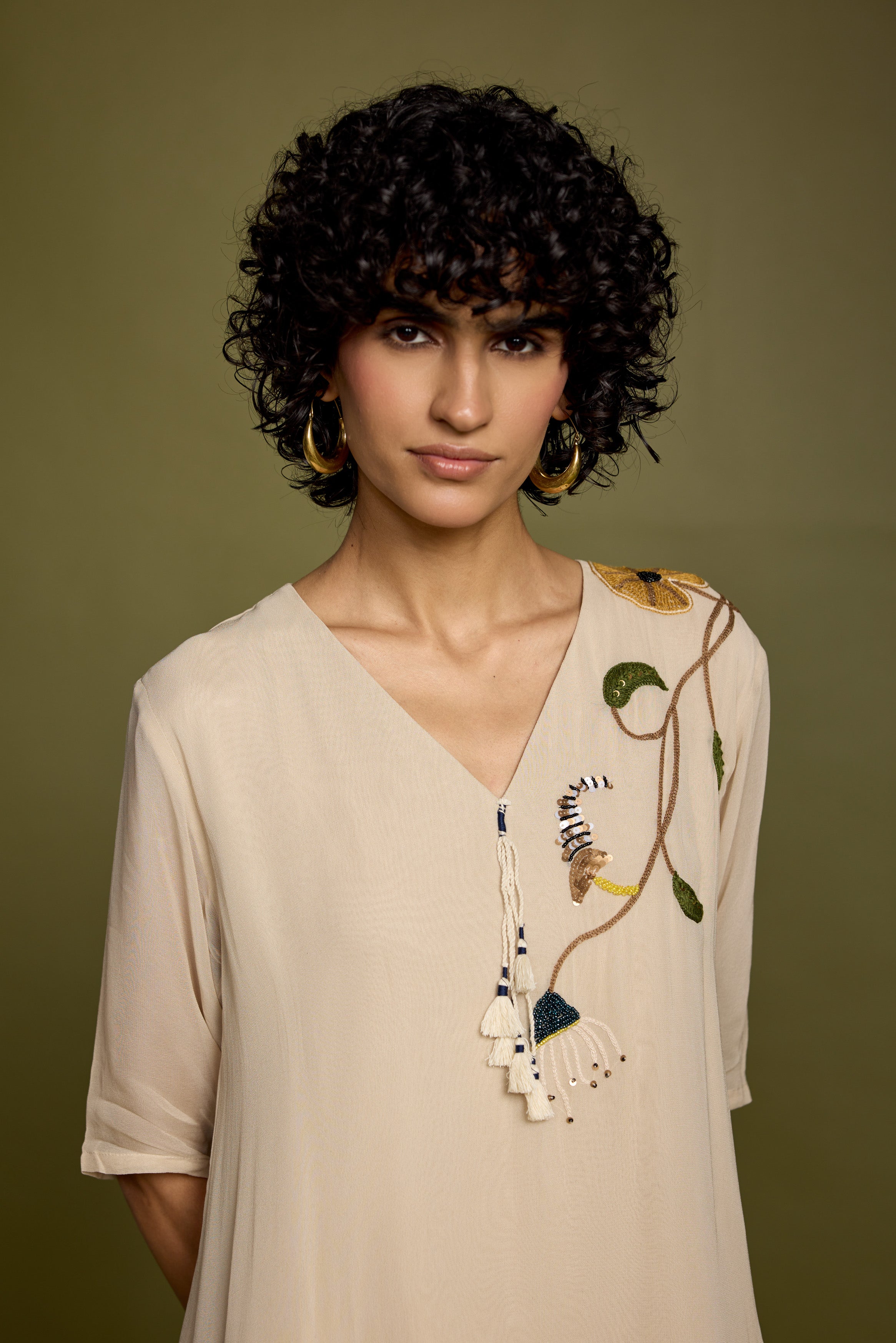 Champagne Beige Embellished Georgette Silk Kurta Set