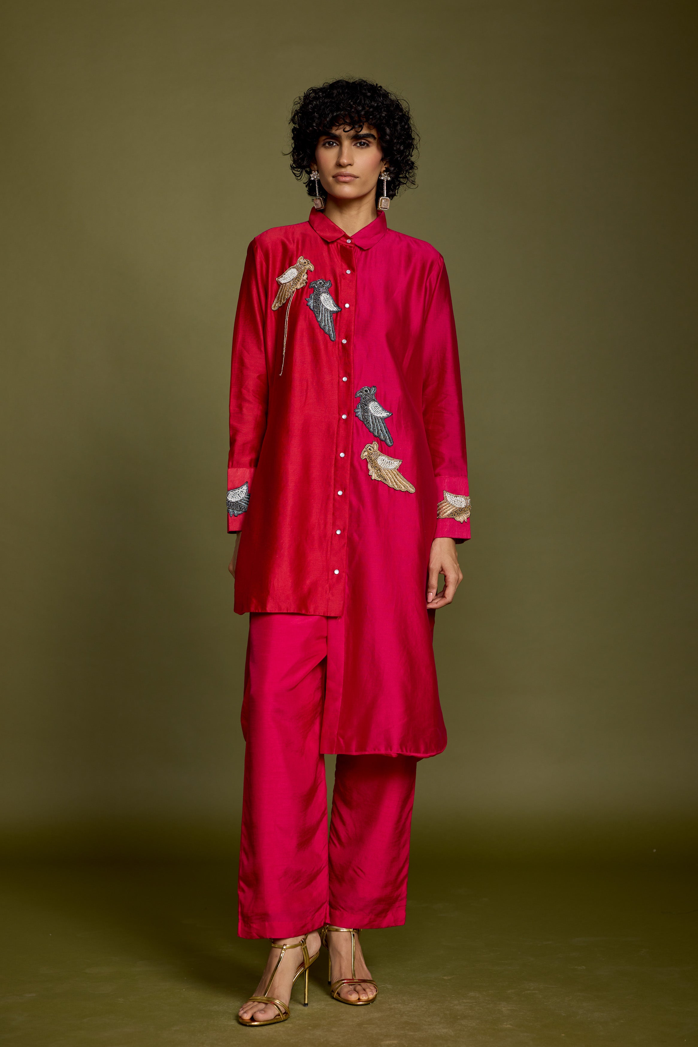Fuchsia & Red Embellished Raw Silk Co-Ord Set