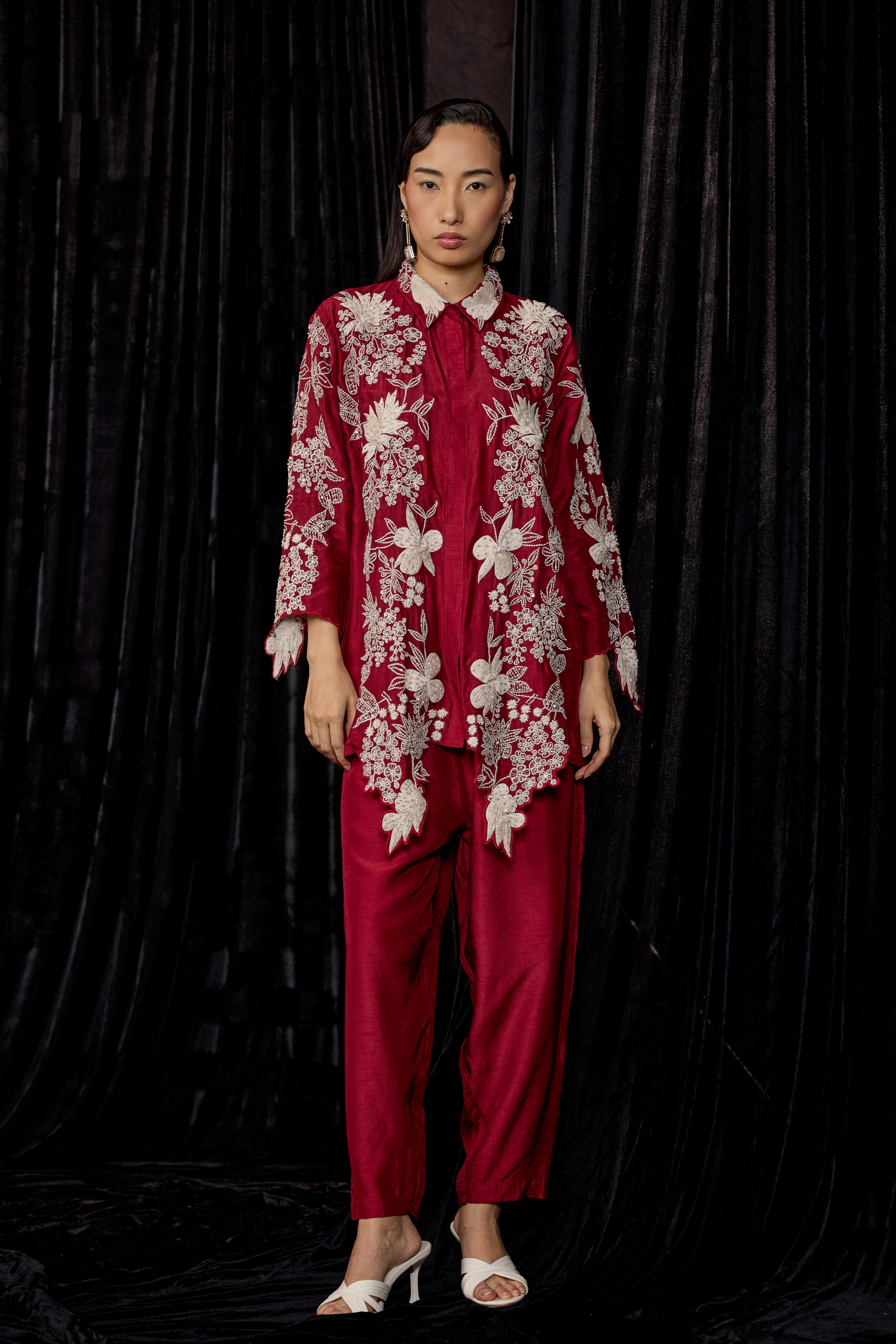 Deep Red Embroidered Raw Silk Co-Ord Set