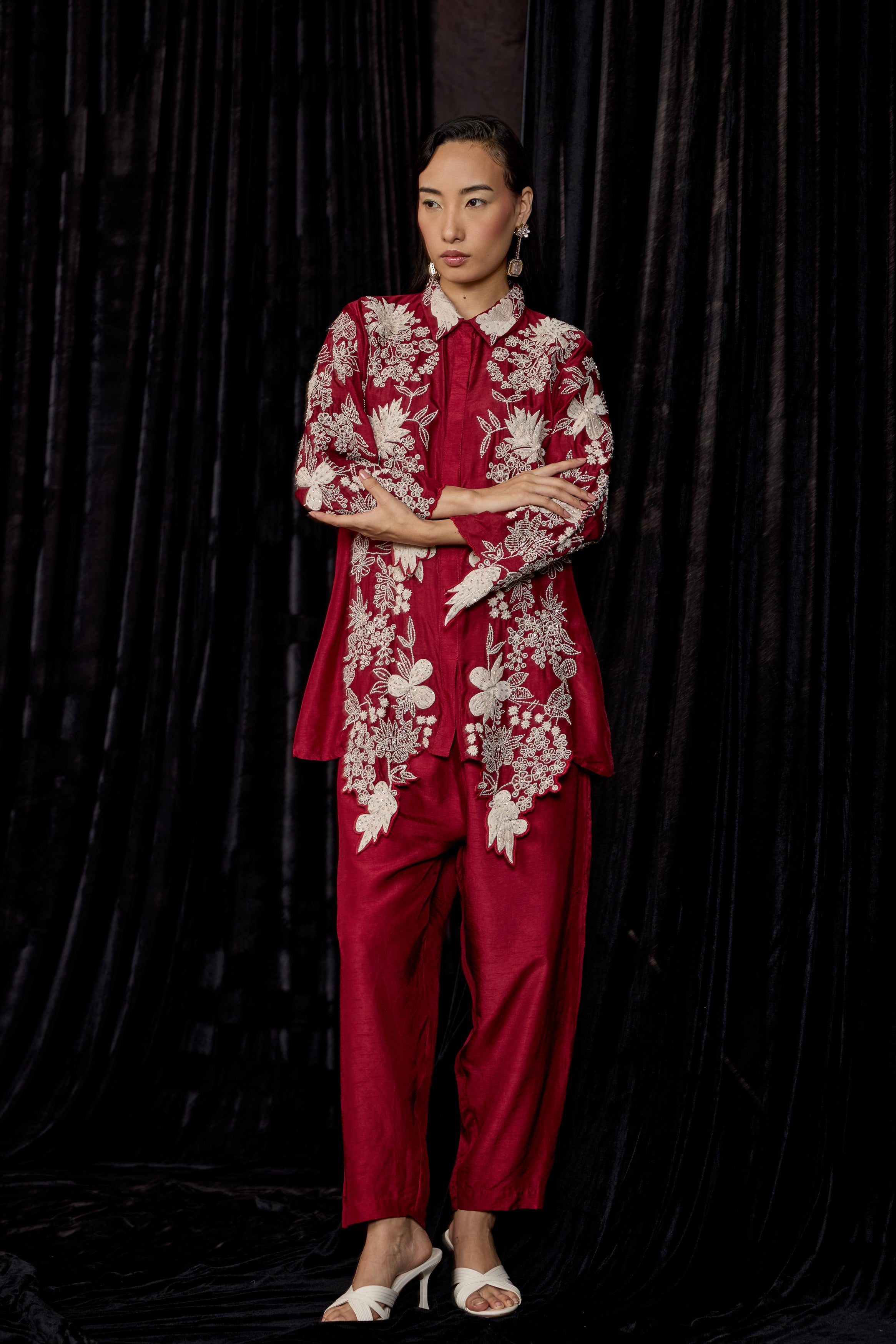 Deep Red Embroidered Raw Silk Co-Ord Set