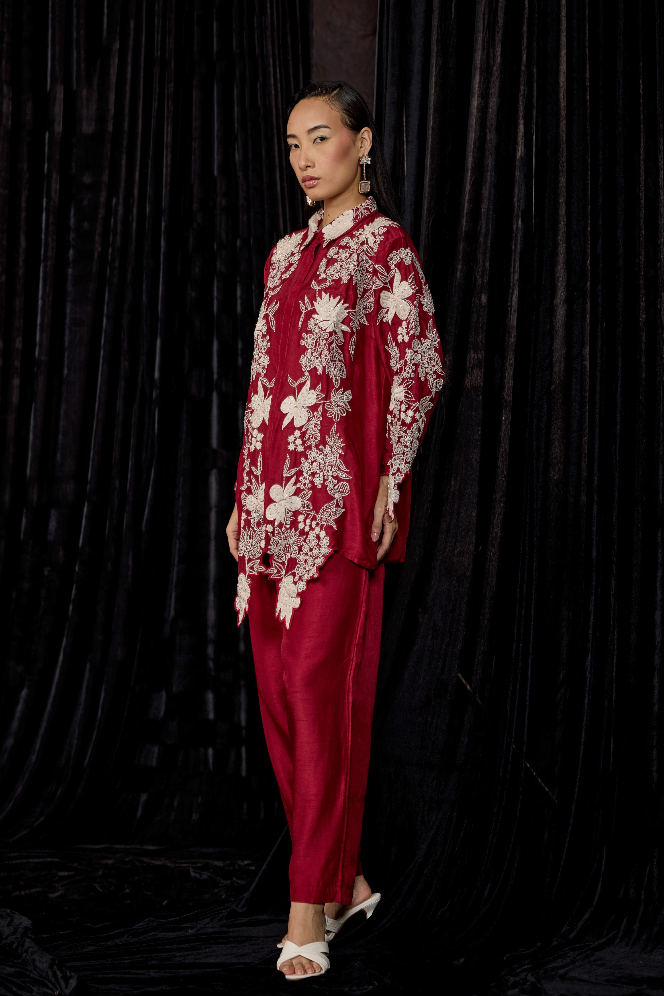 Deep Red Embroidered Raw Silk Co-Ord Set