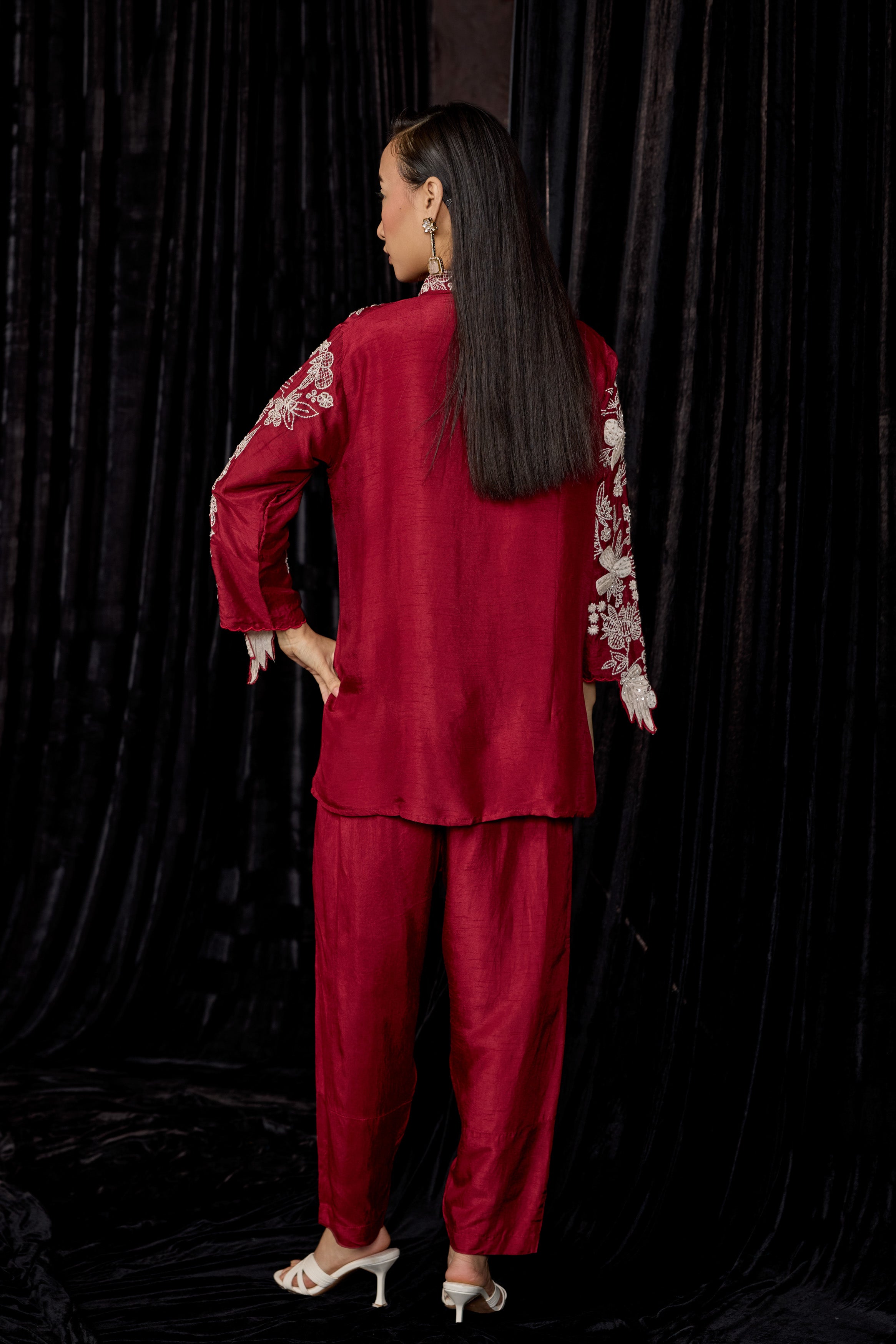 Deep Red Embroidered Raw Silk Co-Ord Set