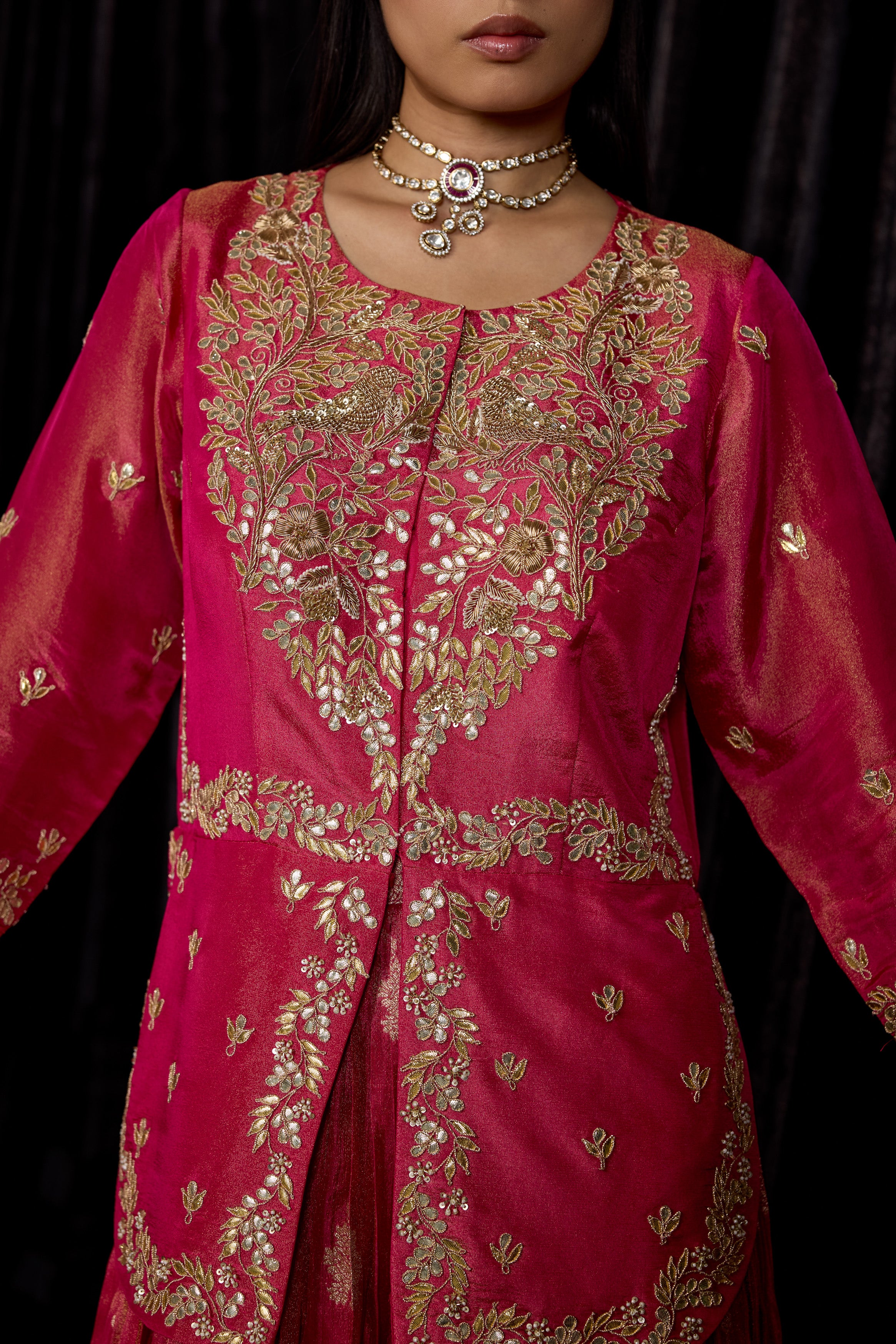 Magenta Pink Embellished Shimmer Tissue Silk Skirt Set