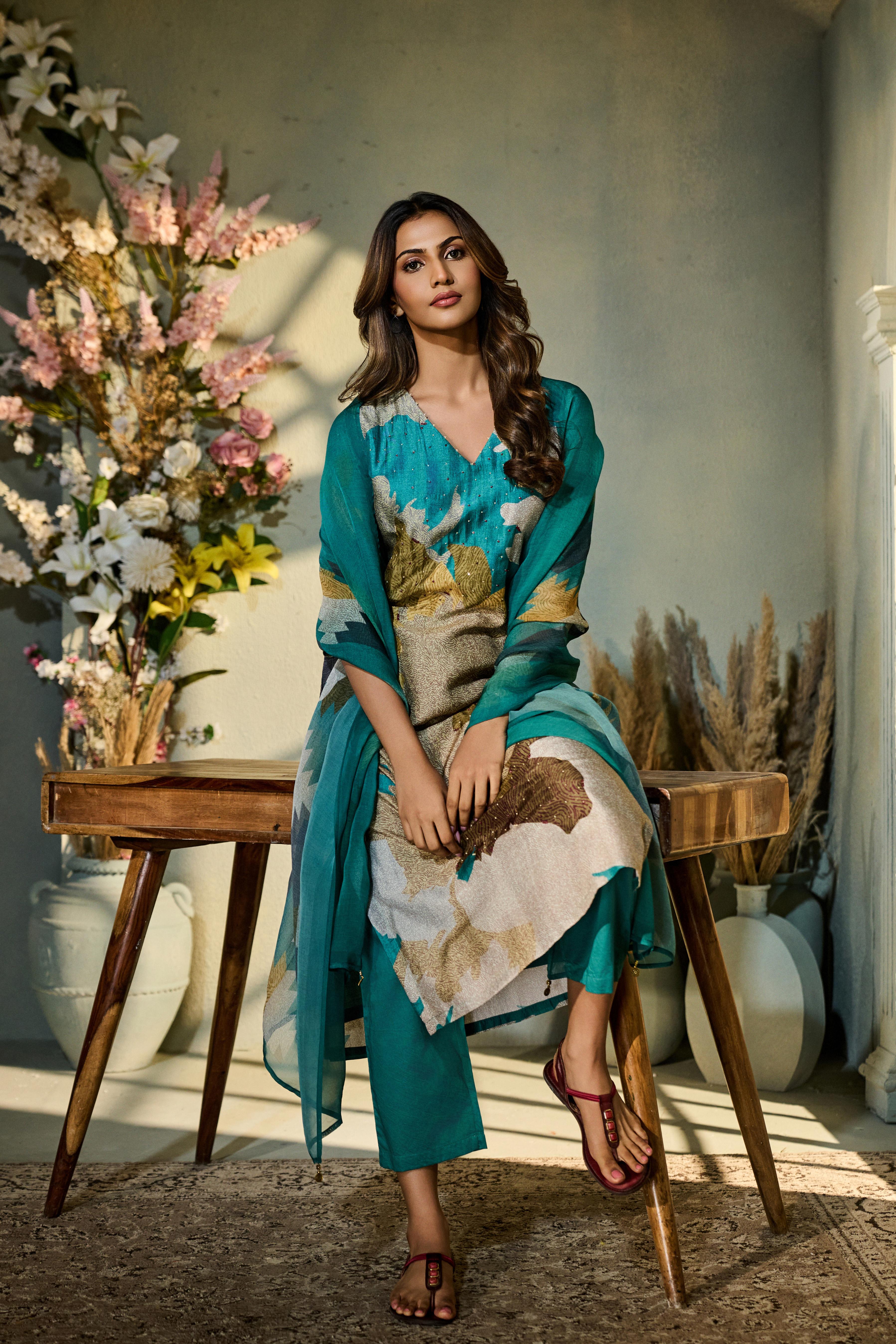 Teal Green Printed Muslin Silk Pant Set