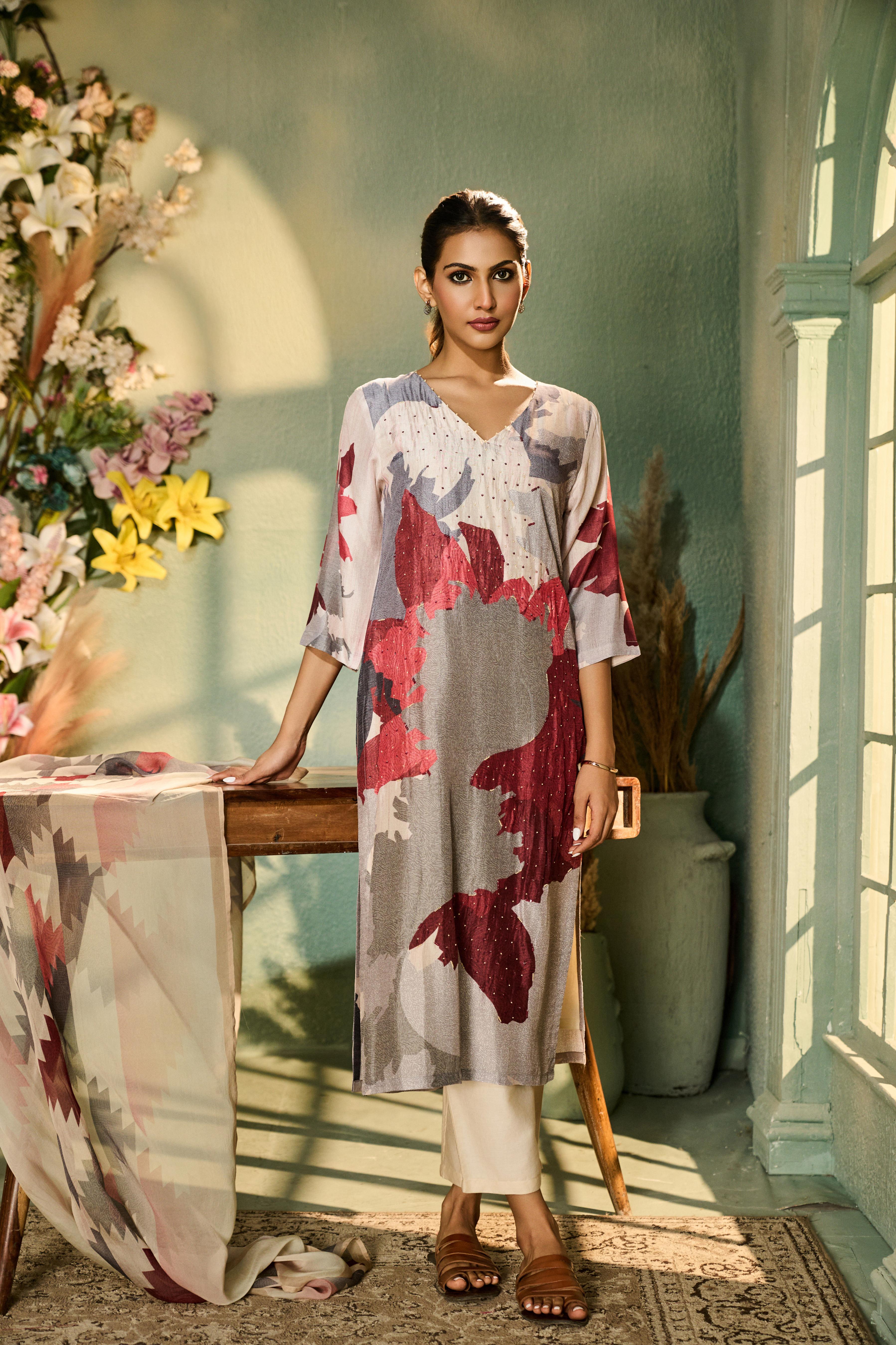 Slate Grey Printed Muslin Silk Pant Set