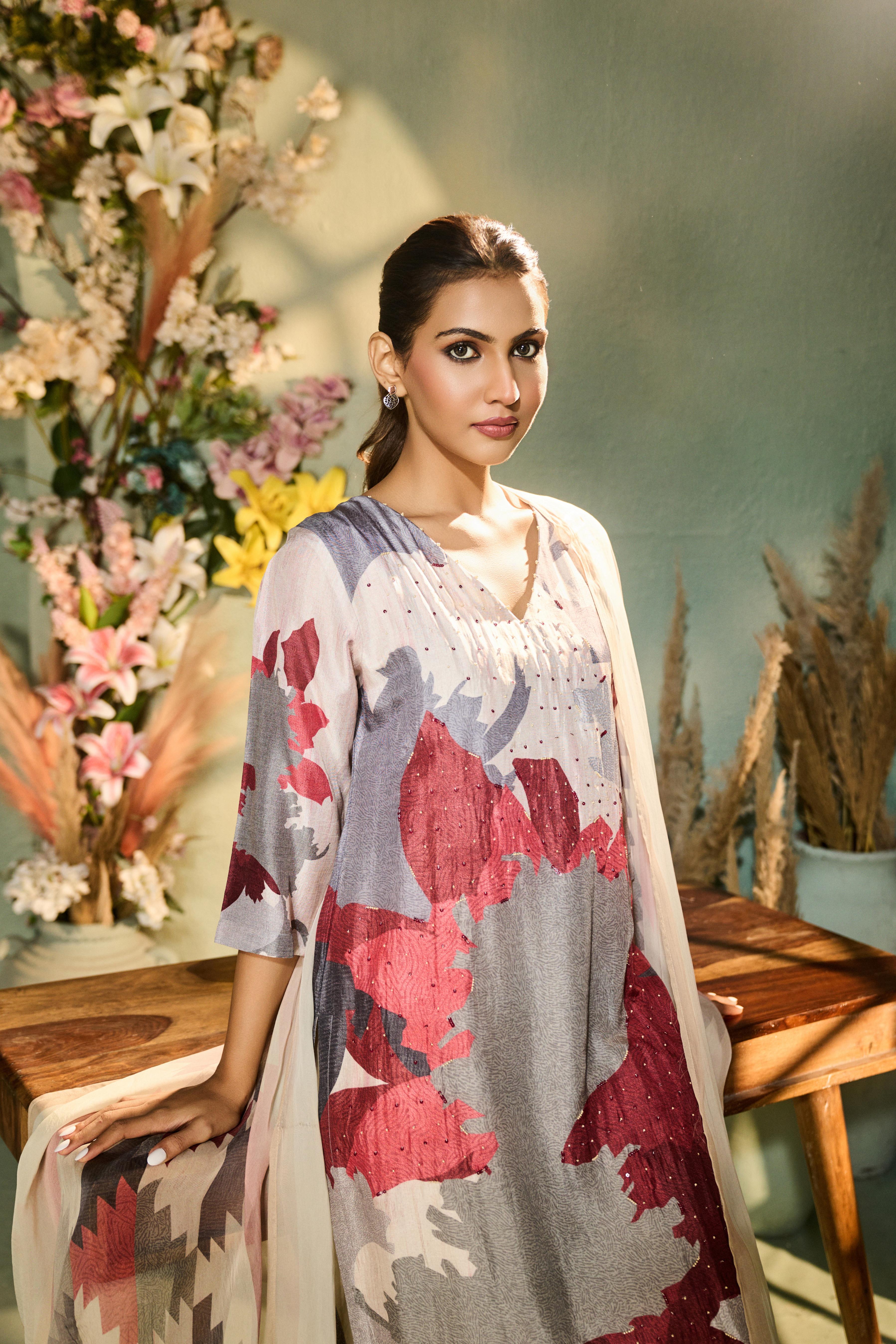 Slate Grey Printed Muslin Silk Pant Set