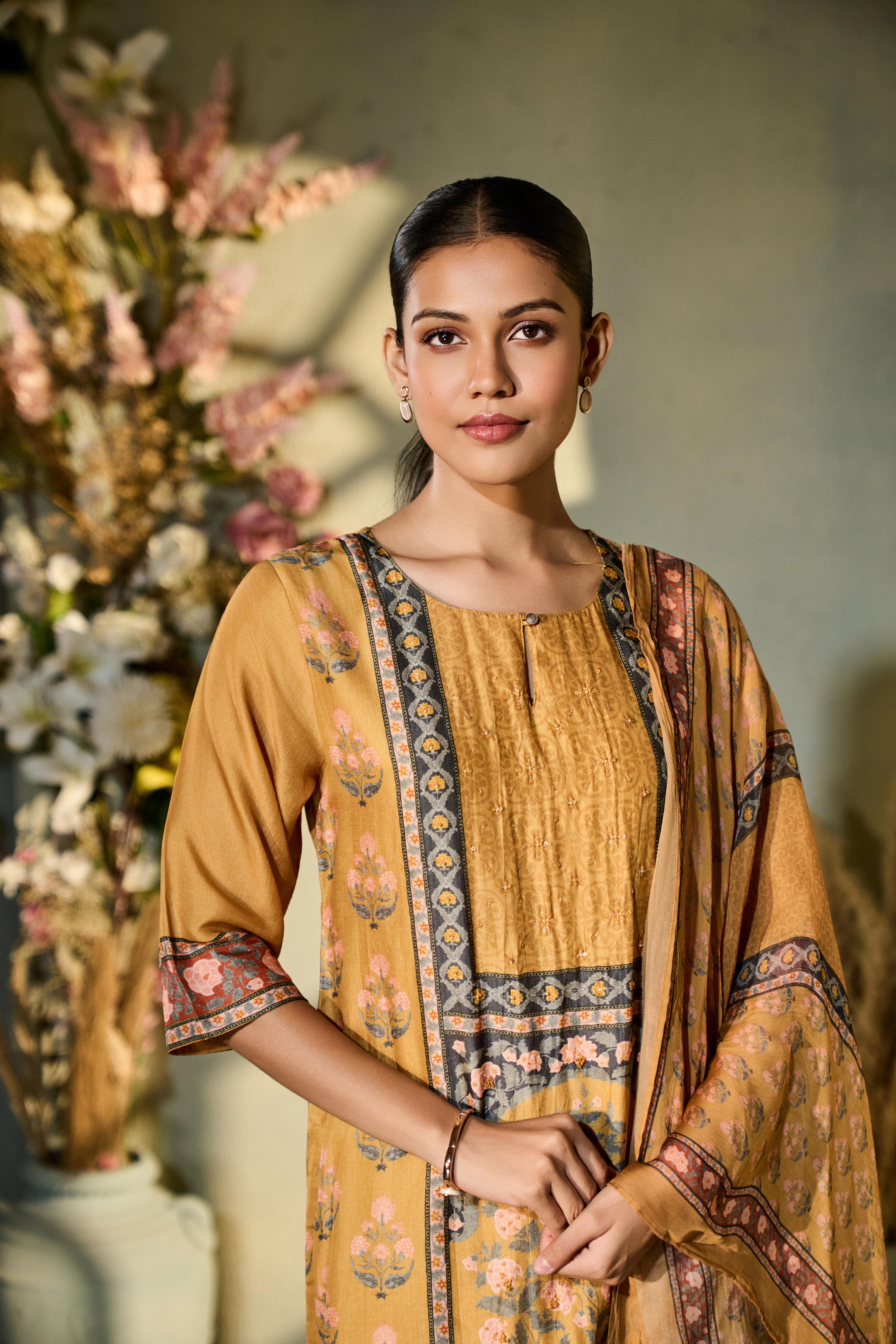 Earthy Yellow-Brown Printed Muslin Silk Pant Set