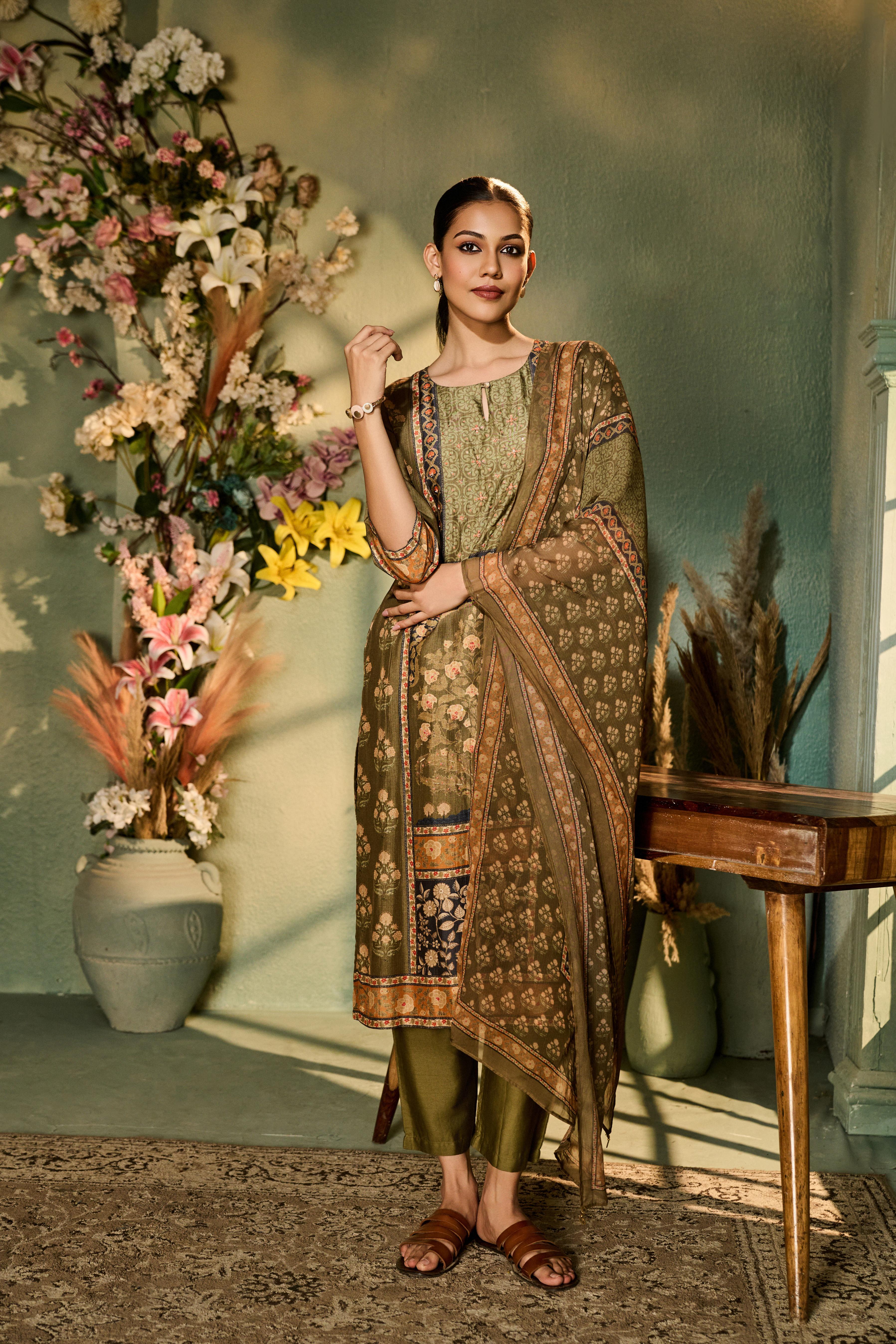 Khaki Green Printed Muslin Silk Pant Set