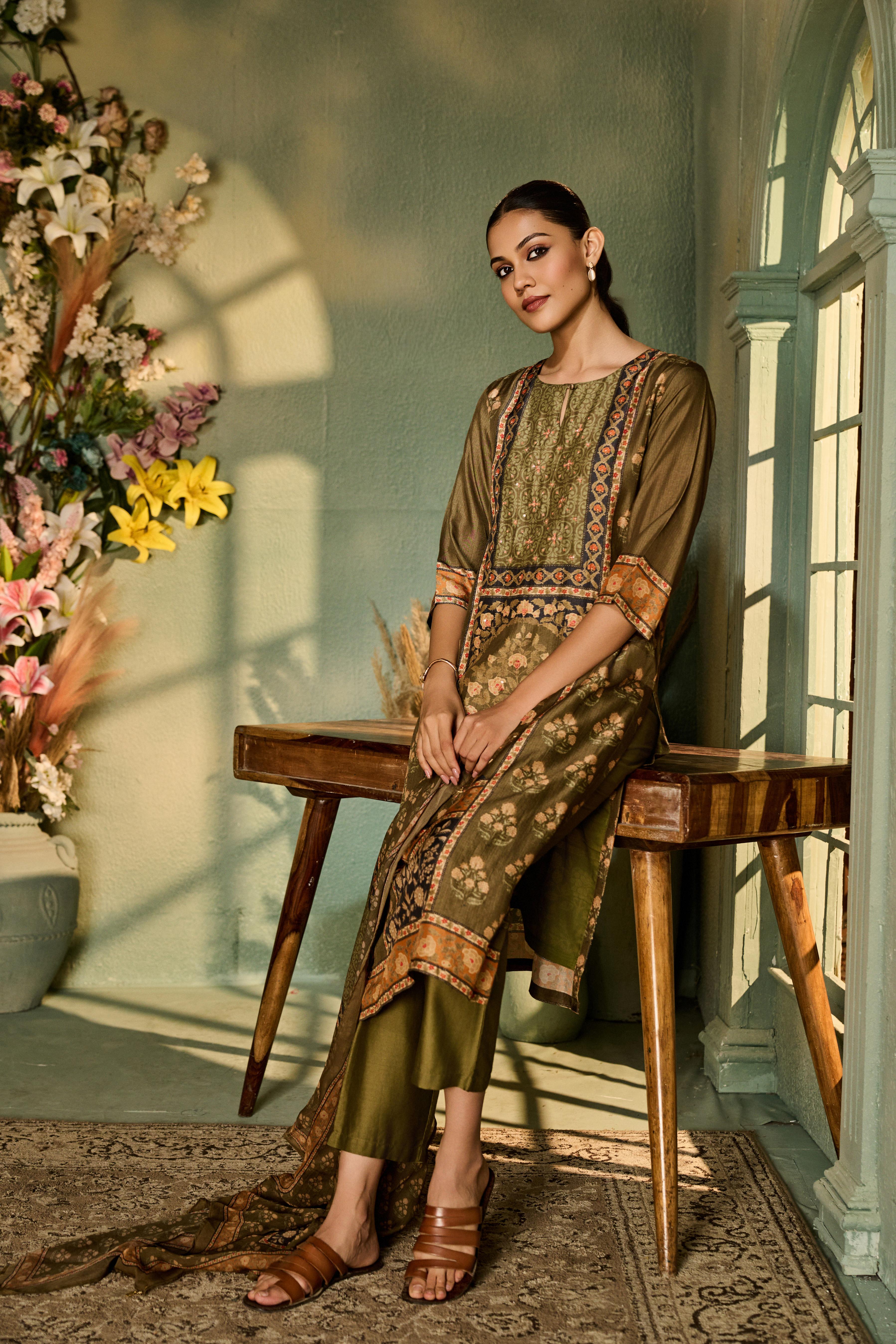 Khaki Green Printed Muslin Silk Pant Set