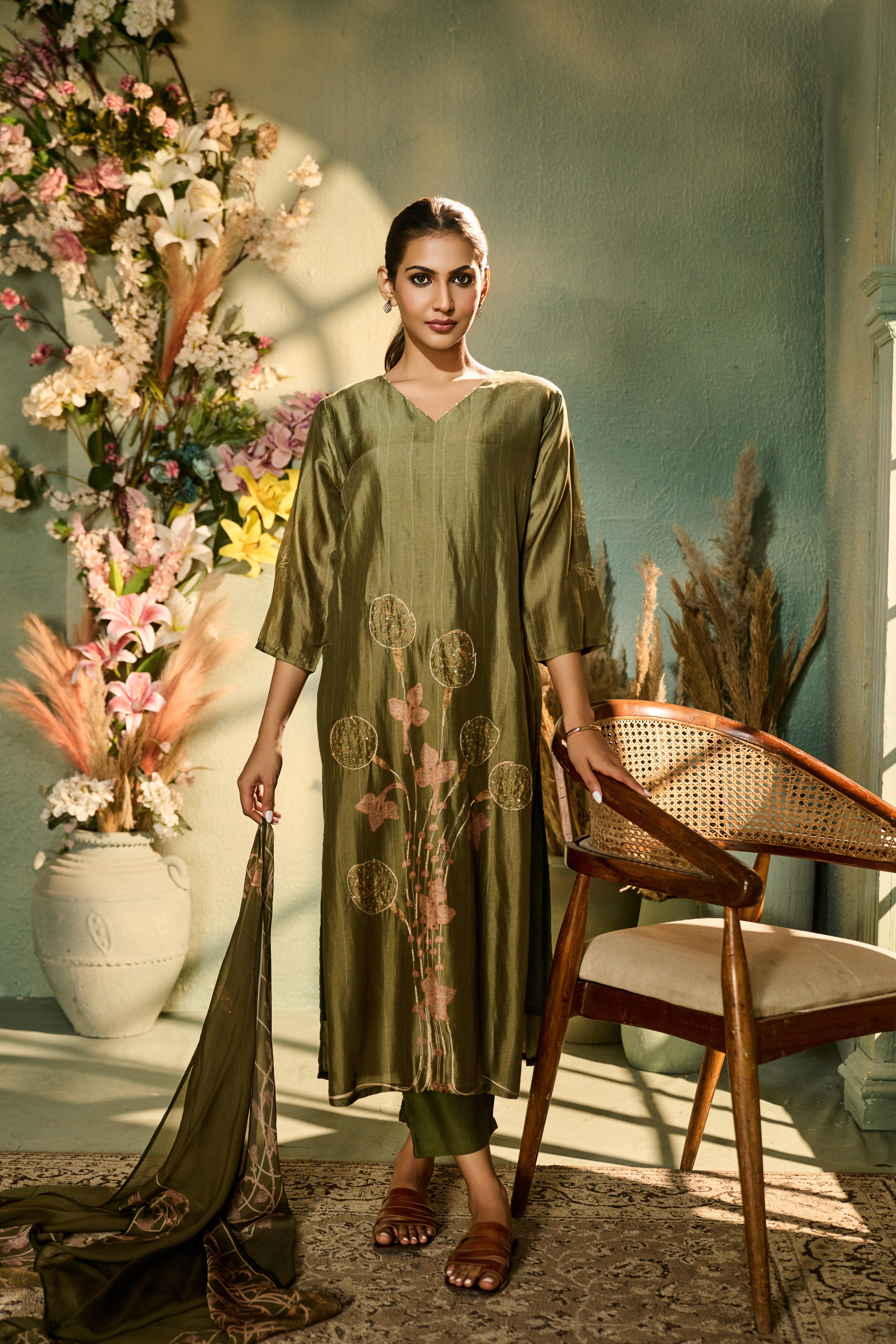 Deep Olive Green Printed Muslin Silk Pant Set