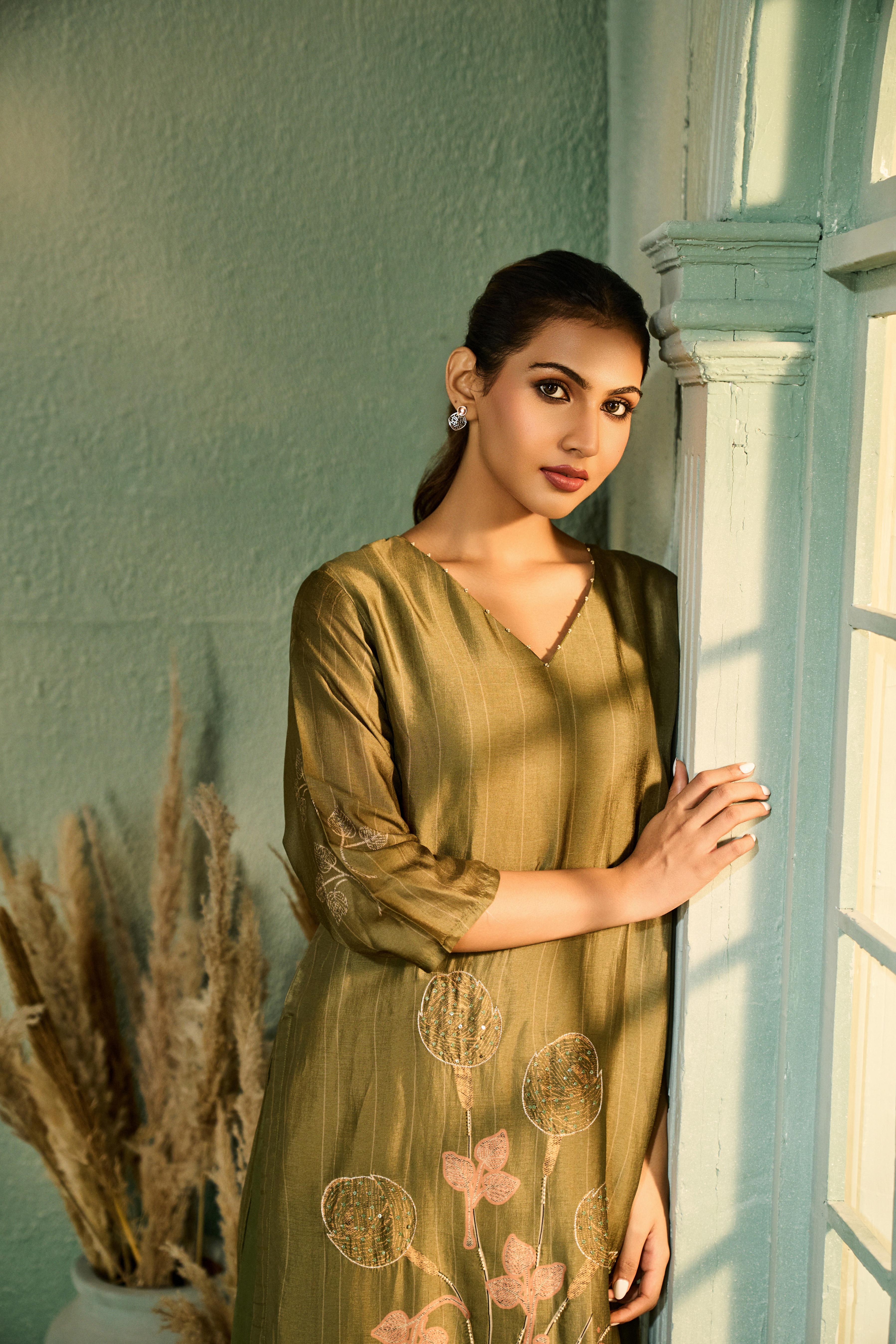 Deep Olive Green Printed Muslin Silk Pant Set